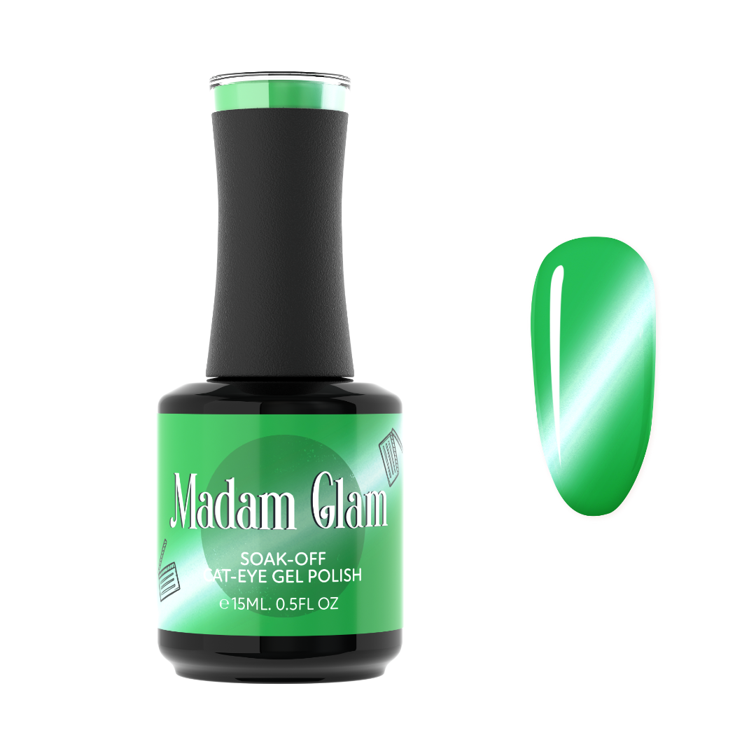 Madam Glam Wish Glow nail polish bottle with a clear label and purple cap, showcasing the vibrant gel nail color.