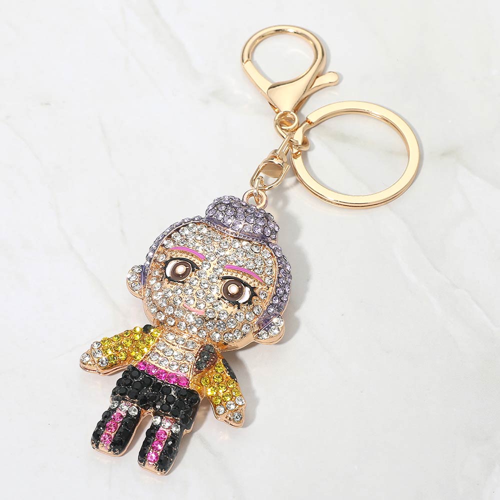 Bling studded Kpop Demon Hunters Rumi keychain bag charm by Madeline Love with shiny embellishments and detailed design.