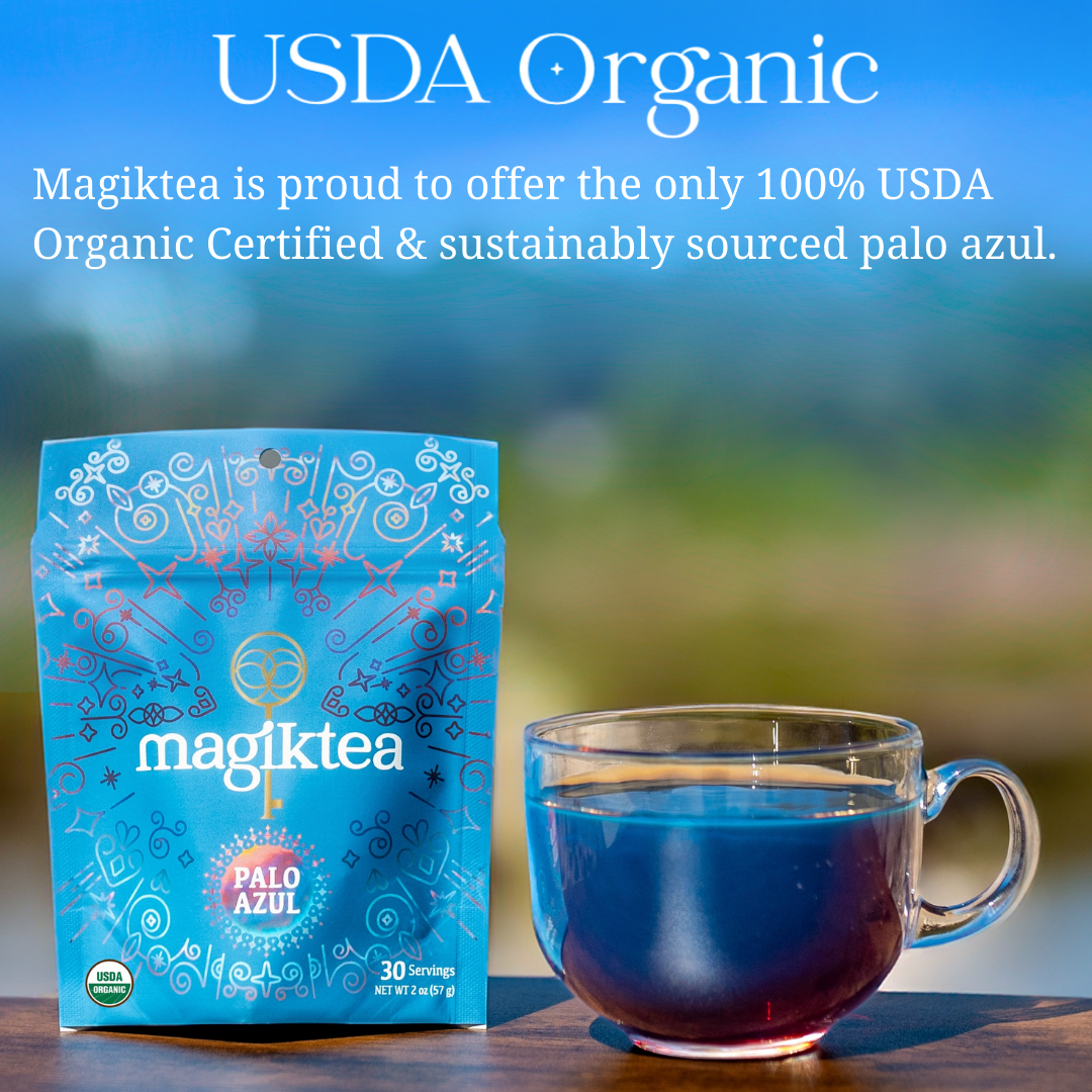 Magiktea Palo Azul tea bags, 15 plant-based USDA organic tea bags in paper packaging, with dried Palo Azul plant visible.