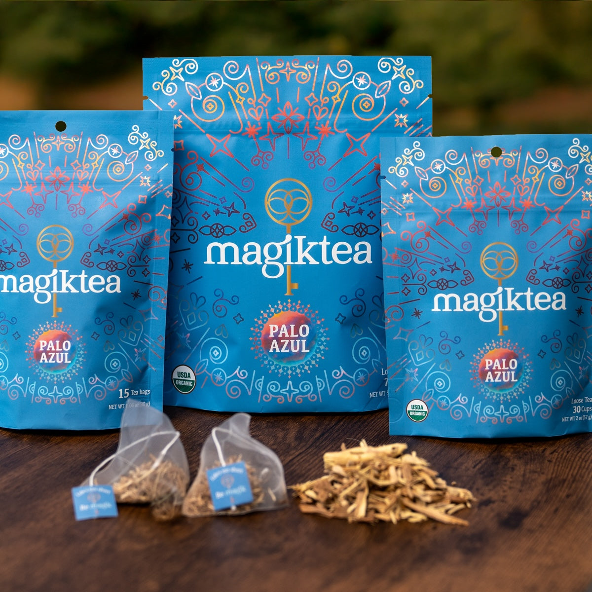 Magiktea Palo Azul tea bags, 15 plant-based USDA Organic tea bags with fresh Palo Azul herbs for herbal tea.
