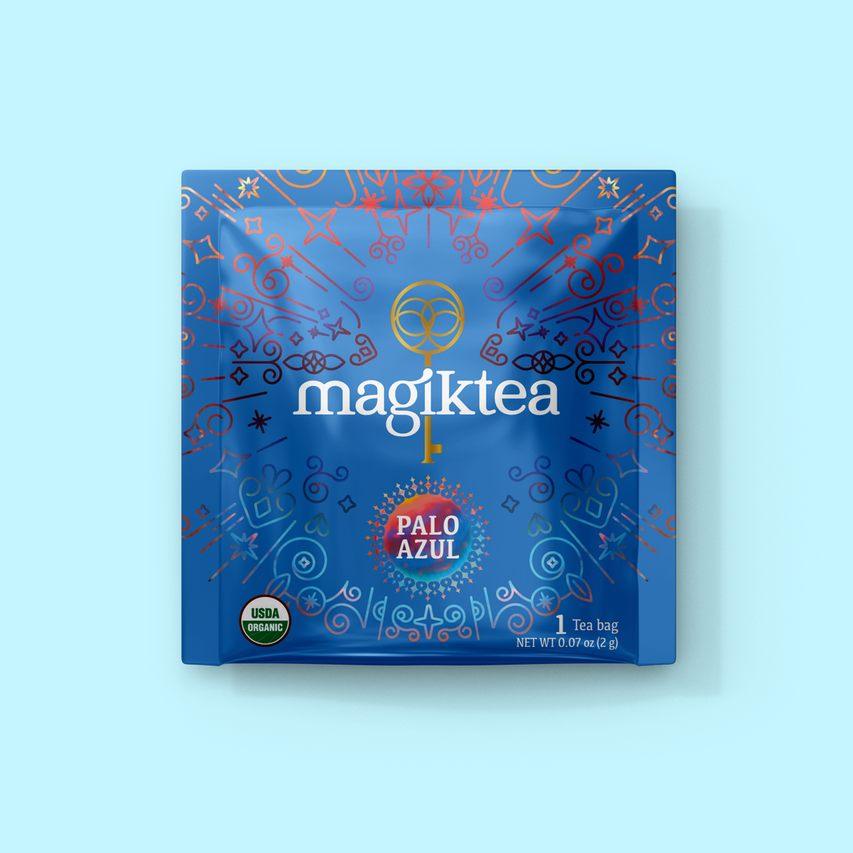 Magiktea Palo Azul tea bags, 15 plant-based USDA Organic tea bags with fresh Palo Azul plant imagery