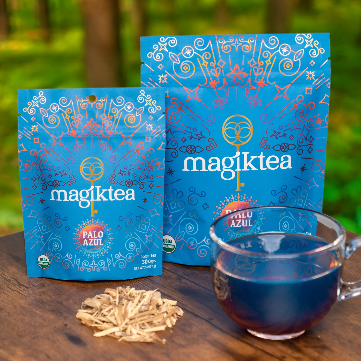 Loose Palo Azul tea from Magiktea in a 5 oz bag, USDA Organic, showing fresh, whole blue-green Palo Azul bark pieces for brewing.