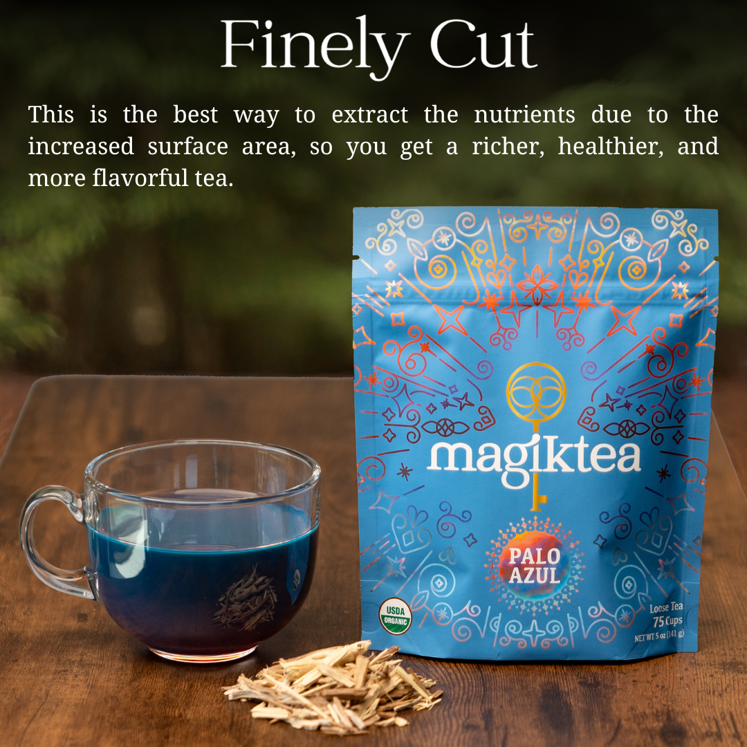 Magiktea Palo Azul loose tea in 5 oz bag, USDA Organic, natural blue herbal tea for calming and traditional brewing.