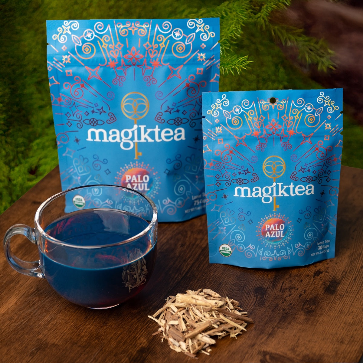 Loose Palo Azul tea by Magiktea in a 5 oz package, showcasing dried blue bark for organic herbal tea brewing.