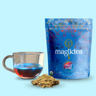 Loose Palo Azul tea from Magiktea in a 5 oz package, USDA Organic, displayed in a clear tea cup showing its blue hue.
