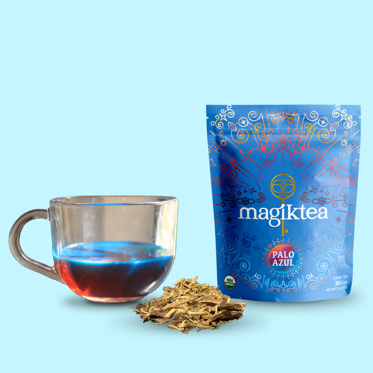 Loose Palo Azul tea by Magiktea in a 5 oz package, USDA Organic, shown in a clear container with tea leaves visible inside.