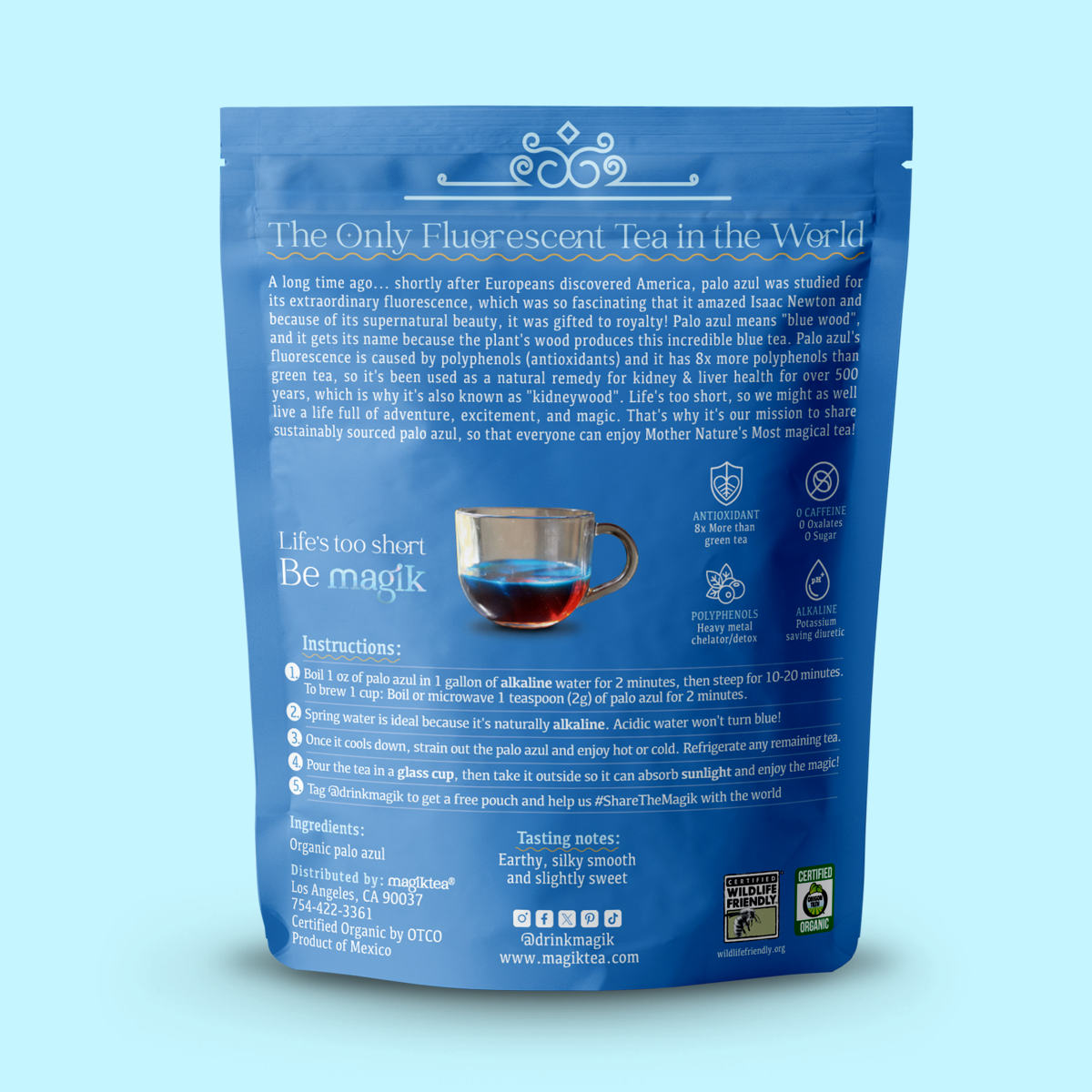 Magiktea Palo Azul loose tea in a 5 oz package, USDA Organic, showing the tea leaves and packaging for natural brewing.
