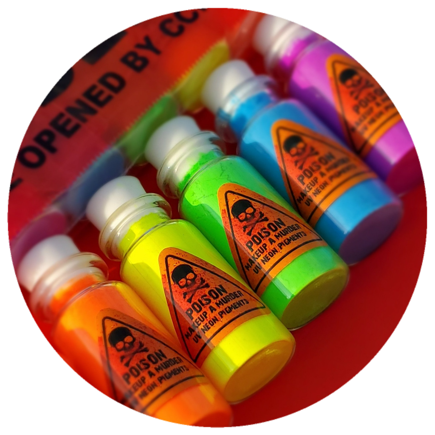 Poison Neon Pigments™ bundle by Makeup A Murder, INC featuring vibrant, neon-colored makeup pigments in various shades.