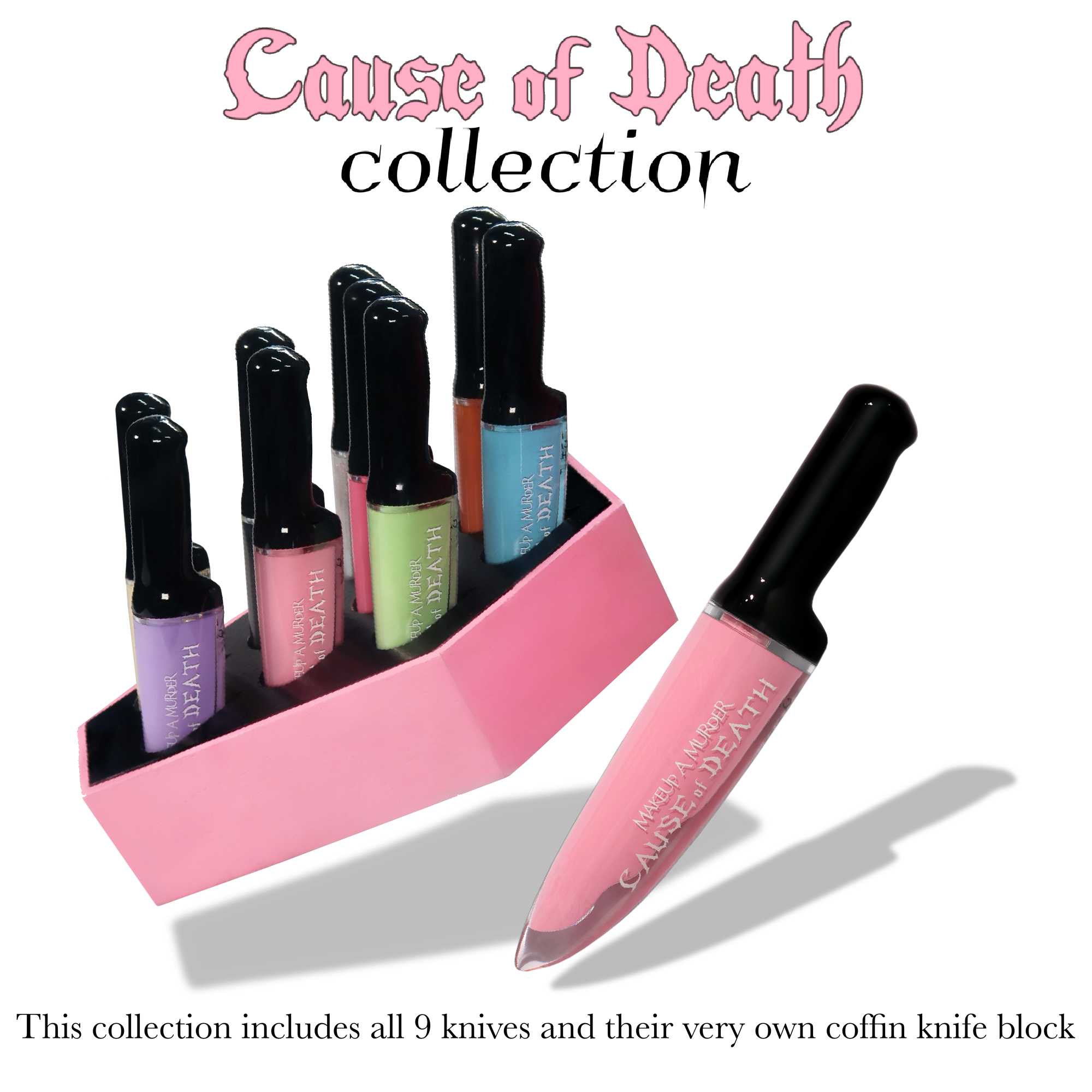 Makeup A Murder, INC Cause of Death Pastel Collection with colorful makeup shades and packaging featuring pastel hues.