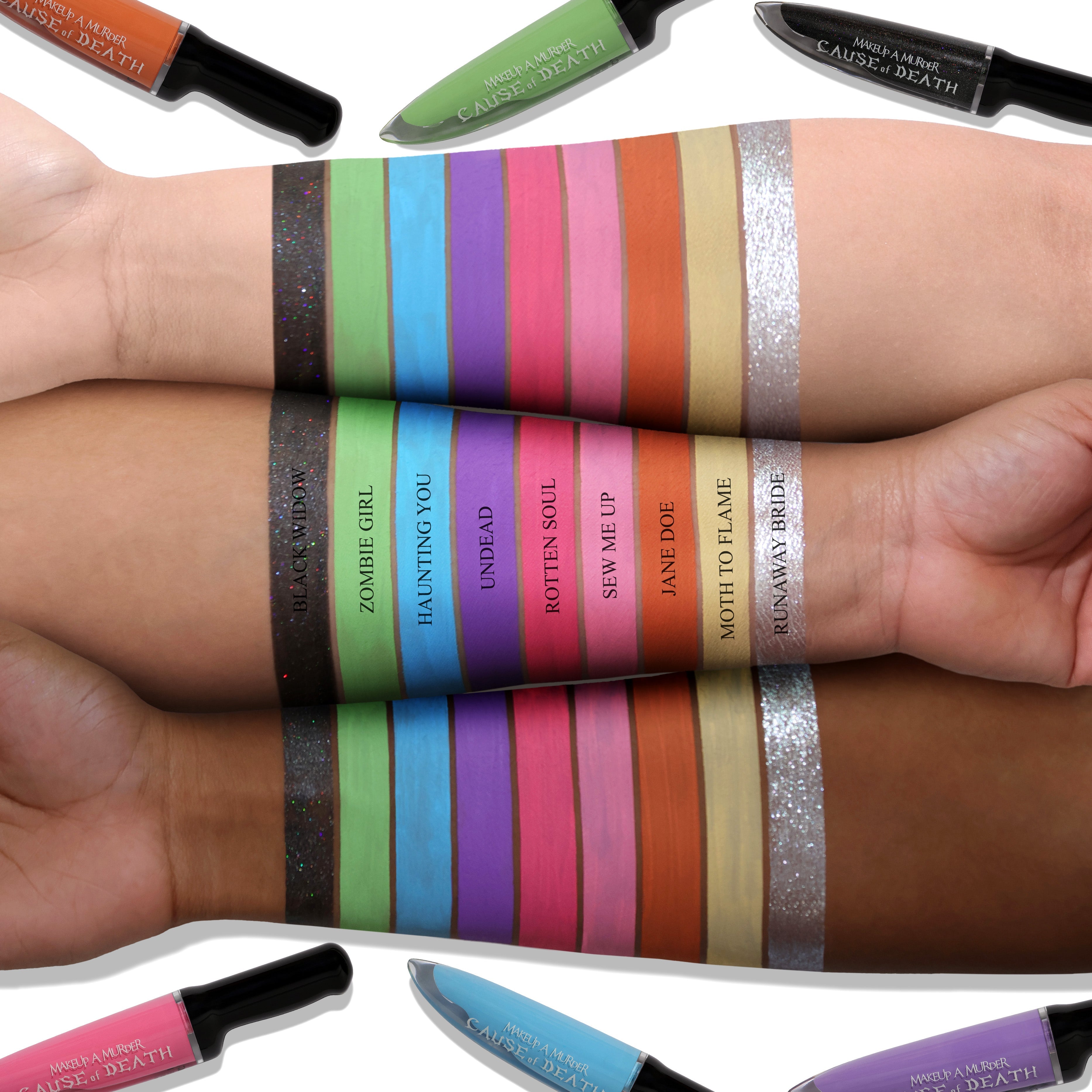 Makeup A Murder, INC Cause of Death Pastel Collection featuring colorful makeup palettes and packaging with pastel design.