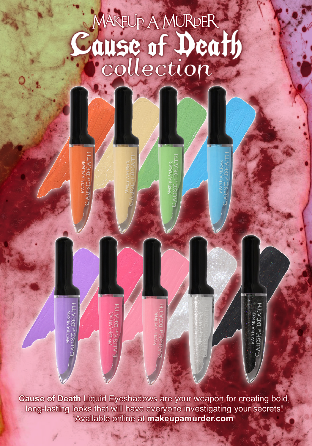 Makeup A Murder, INC Cause of Death Pastel Collection with pastel eyeshadows, blushes, and makeup products arranged on a white background.