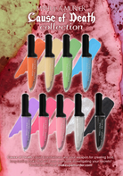Makeup A Murder, INC Cause of Death Pastel Collection with pastel eyeshadows, blushes, and makeup products arranged on a white background.