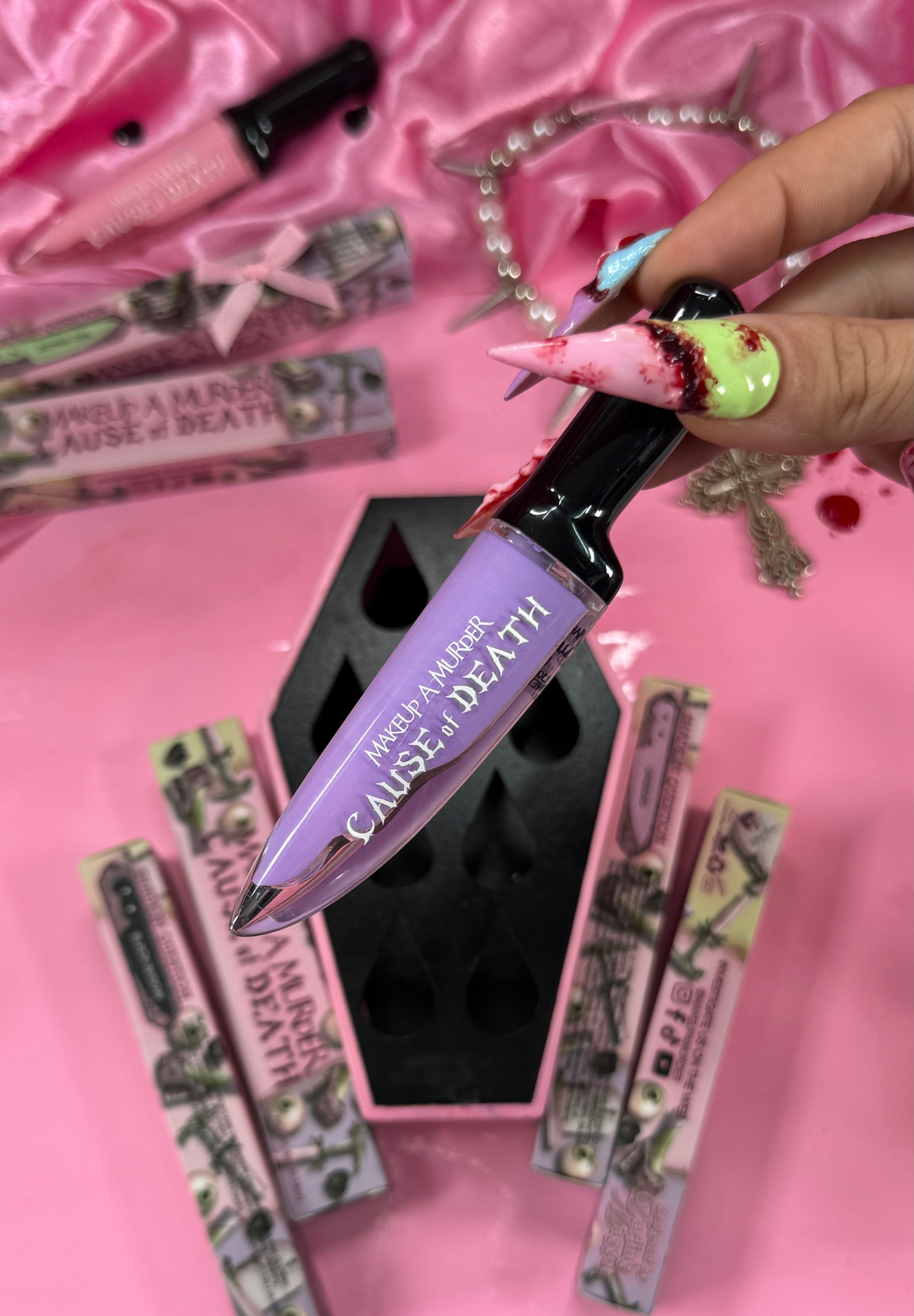 Makeup A Murder, INC Cause of Death Pastel Collection eyeshadow palette with soft pastel shades and artistic packaging.