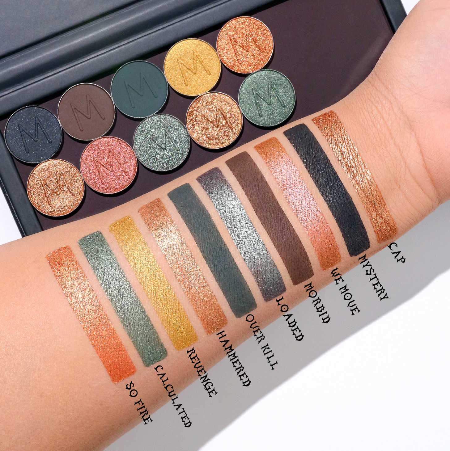 Makeup A Murder, INC Bloodshed eyeshadow lineup featuring bold, pigmented eye shadow shades in a sleek palette.