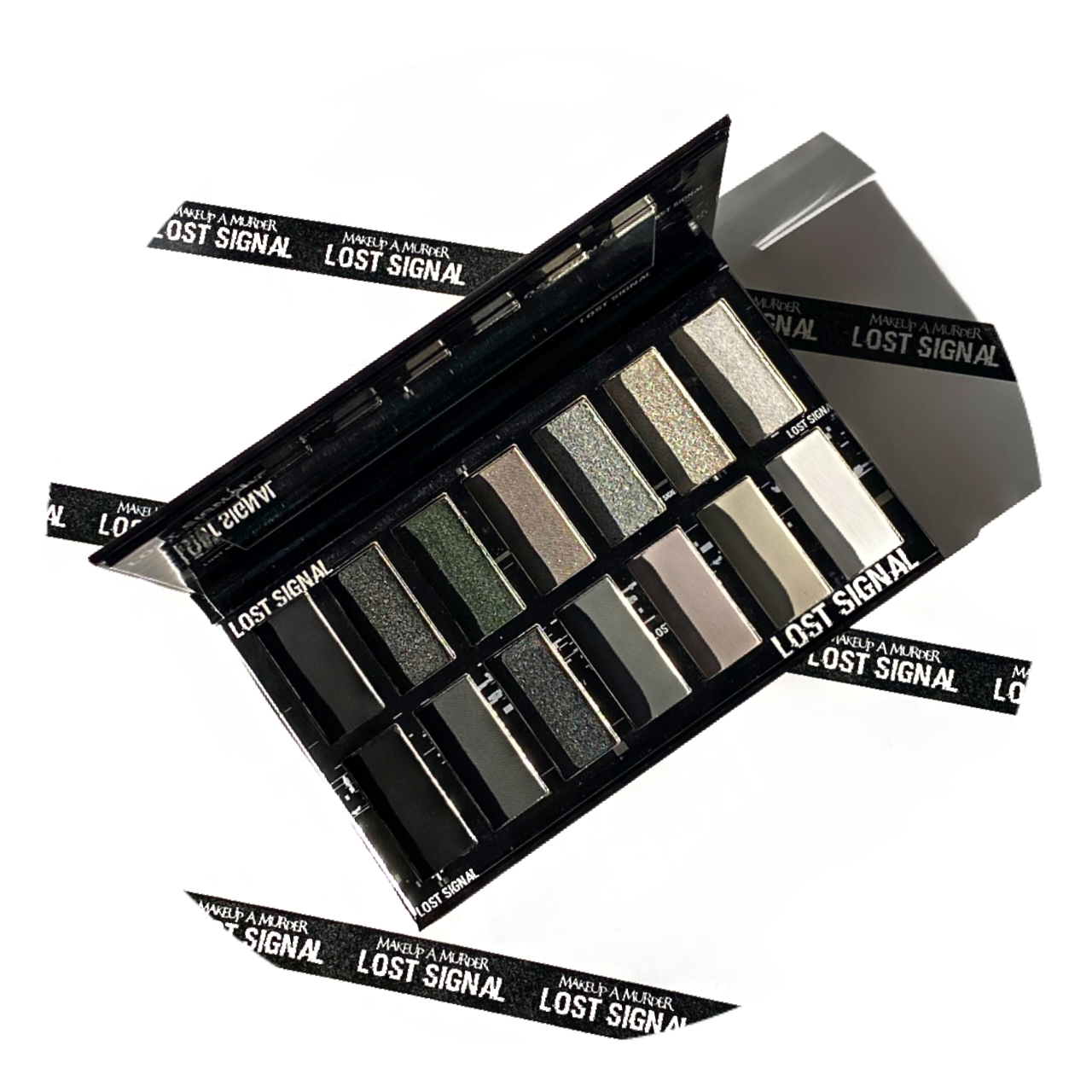 Makeup A Murder, INC Lost Signal eyeshadow palette with vibrant shades in a sleek compact.