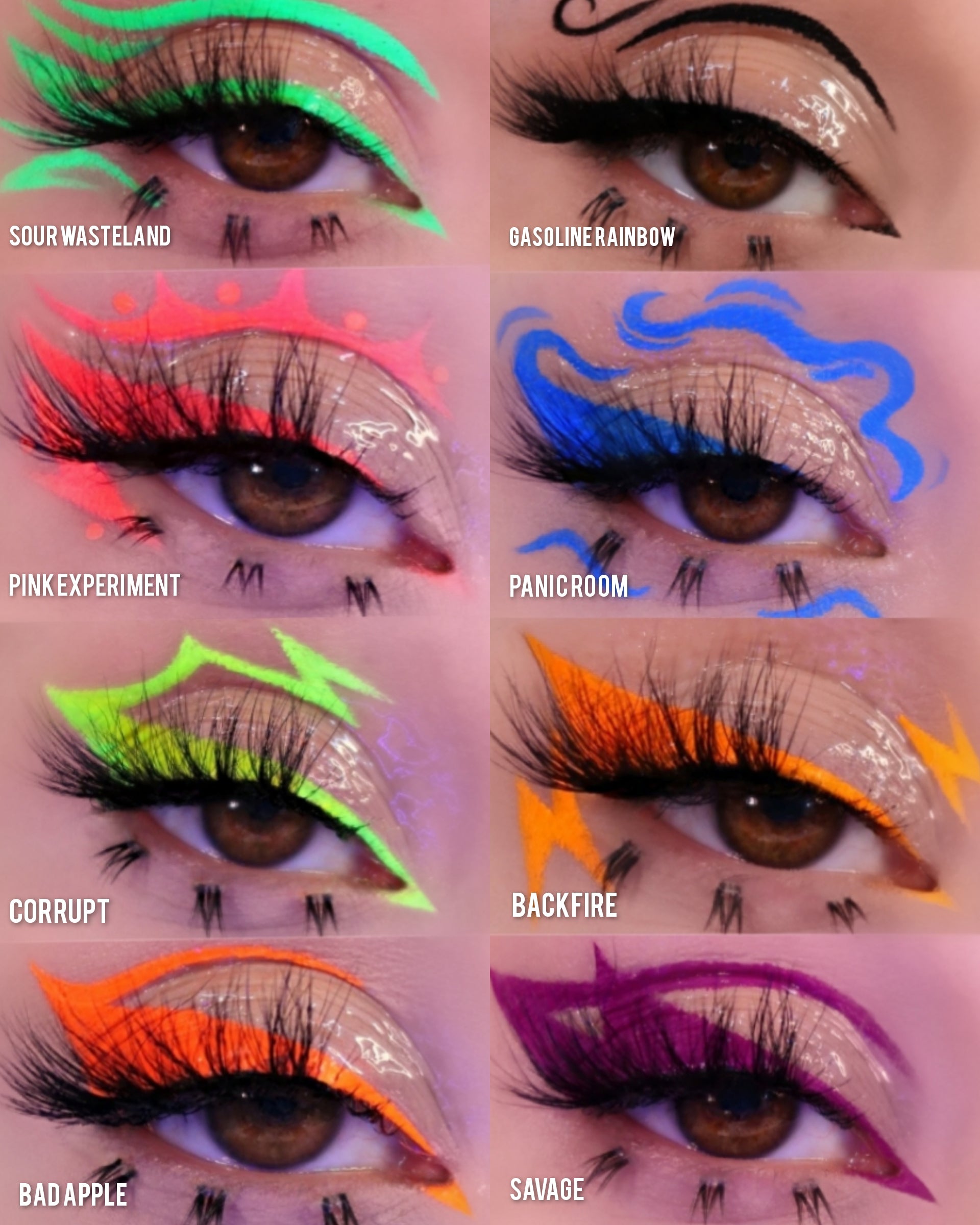 Neon eyeliner from Makeup A Murder, INC Toxic Waste collection, featuring vibrant, colorful eyeliner tubes on a white background.