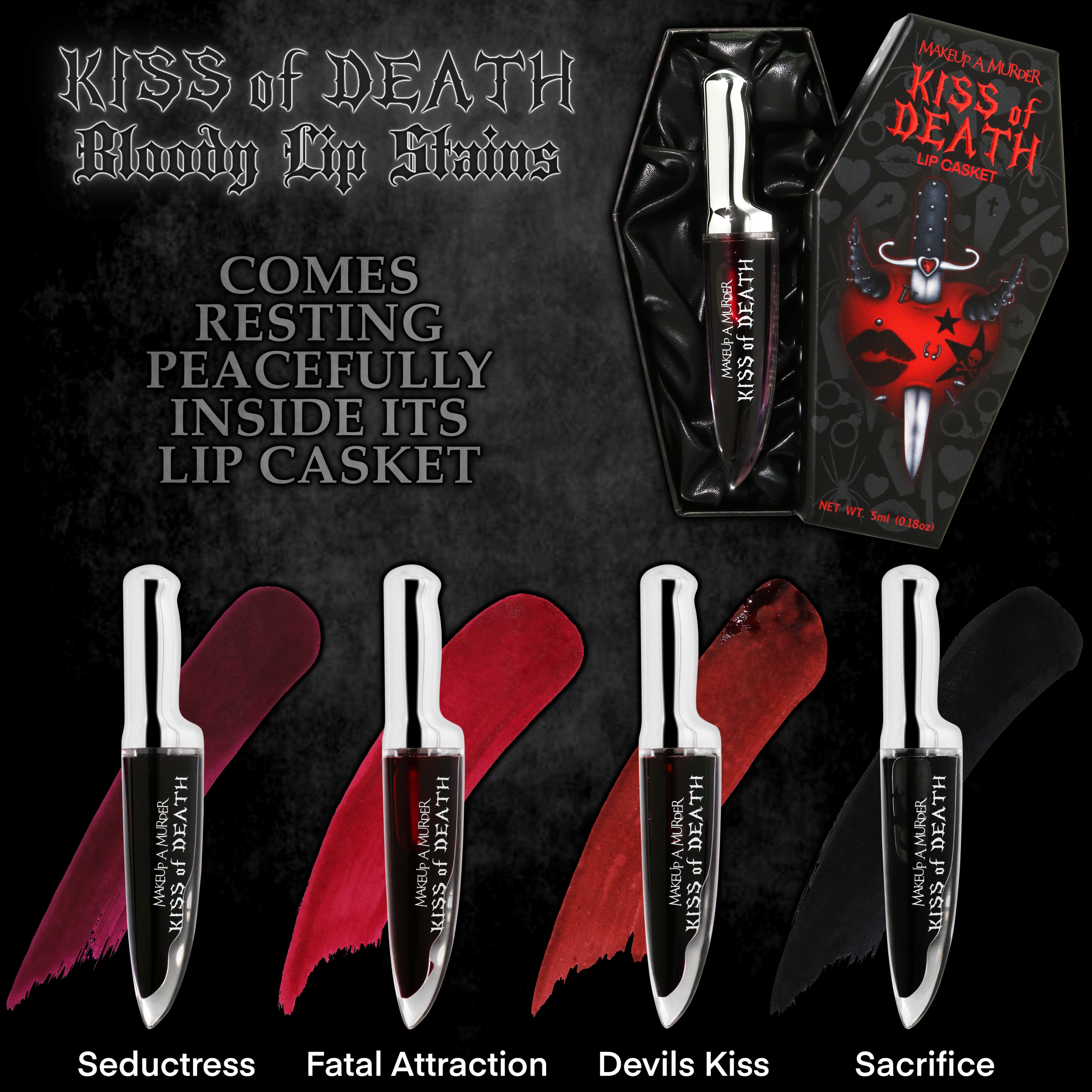 Makeup A Murder, INC KISS of DEATH Bloody Lip Stains lip gloss in a deep red shade, with a glossy, blood-inspired finish.