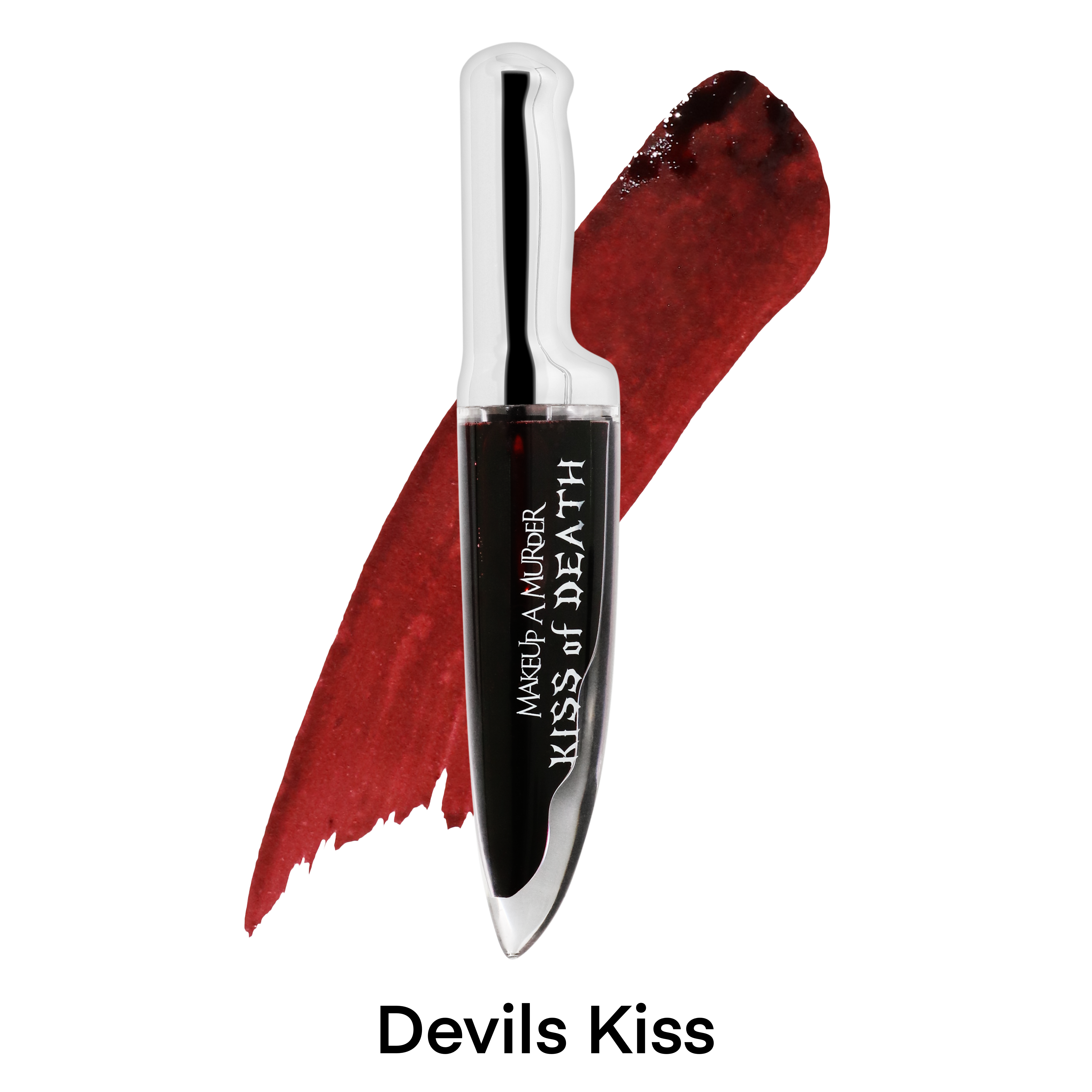 Makeup A Murder, INC KISS of DEATH Bloody Lip Stains lip gloss with deep red, blood-inspired color and glossy finish.