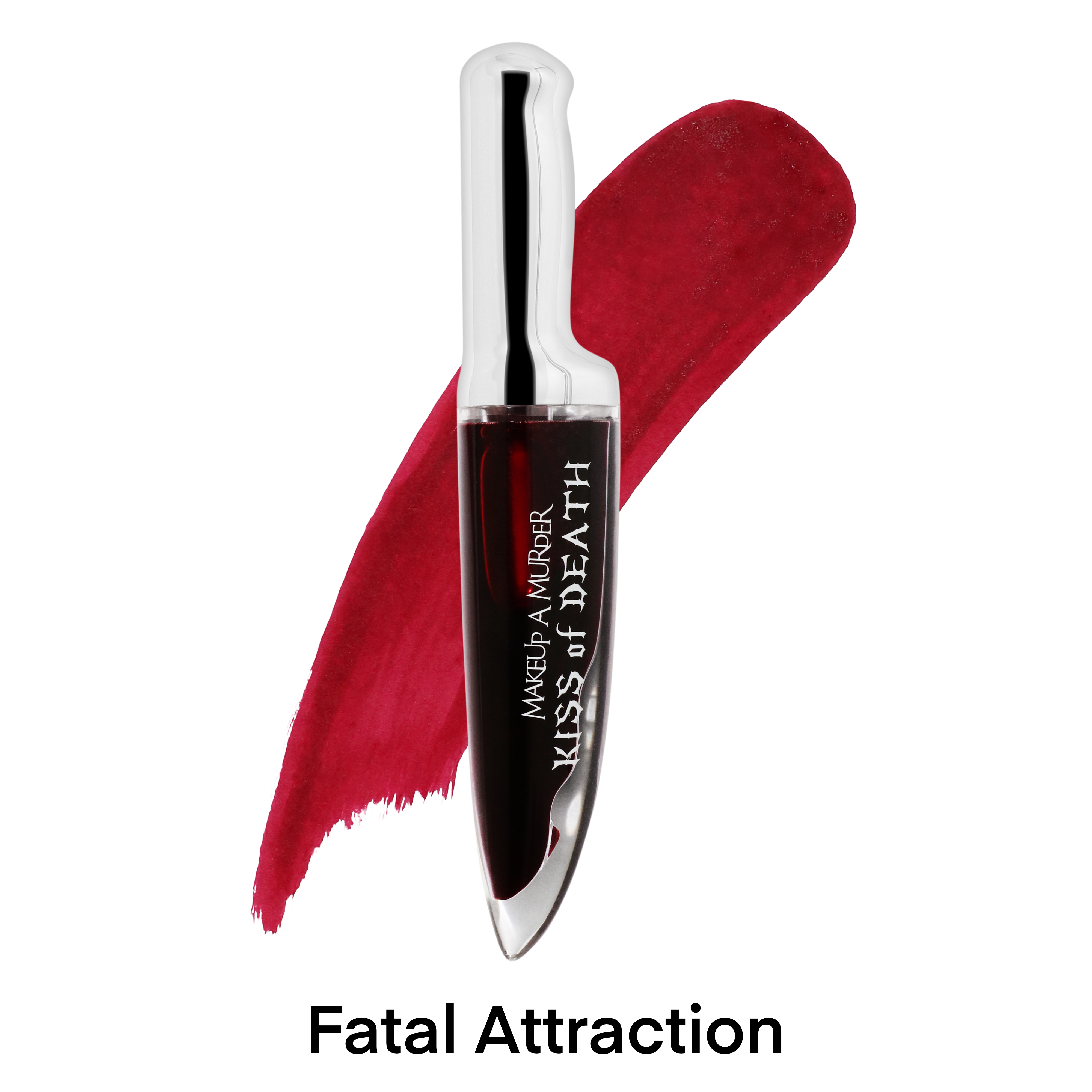 Makeup A Murder, INC KISS of DEATH Bloody Lip Stains lip gloss with deep red, bloody-inspired finish, displayed in a sleek tube.