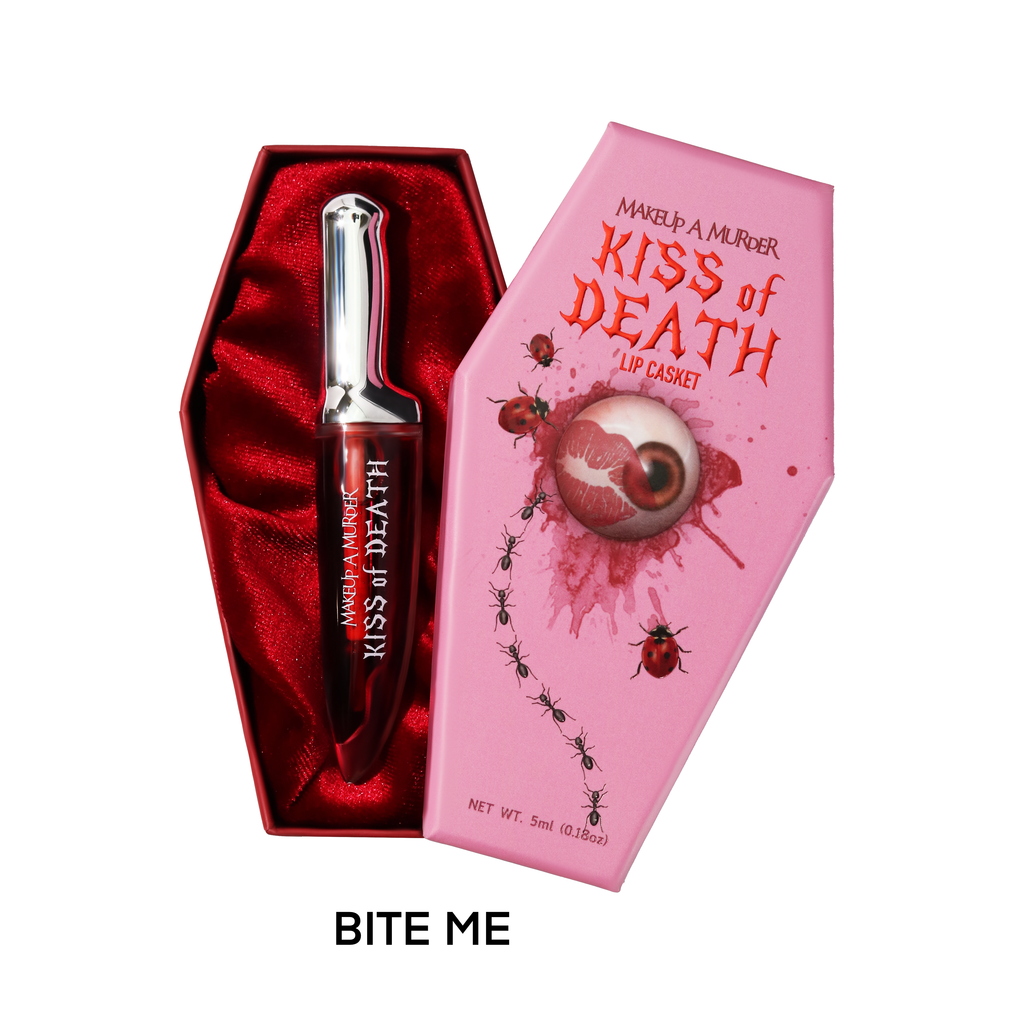 Makeup A Murder, INC KISS of DEATH Bloody Lip Oils lip gloss with a deep, blood-red color and shiny finish.