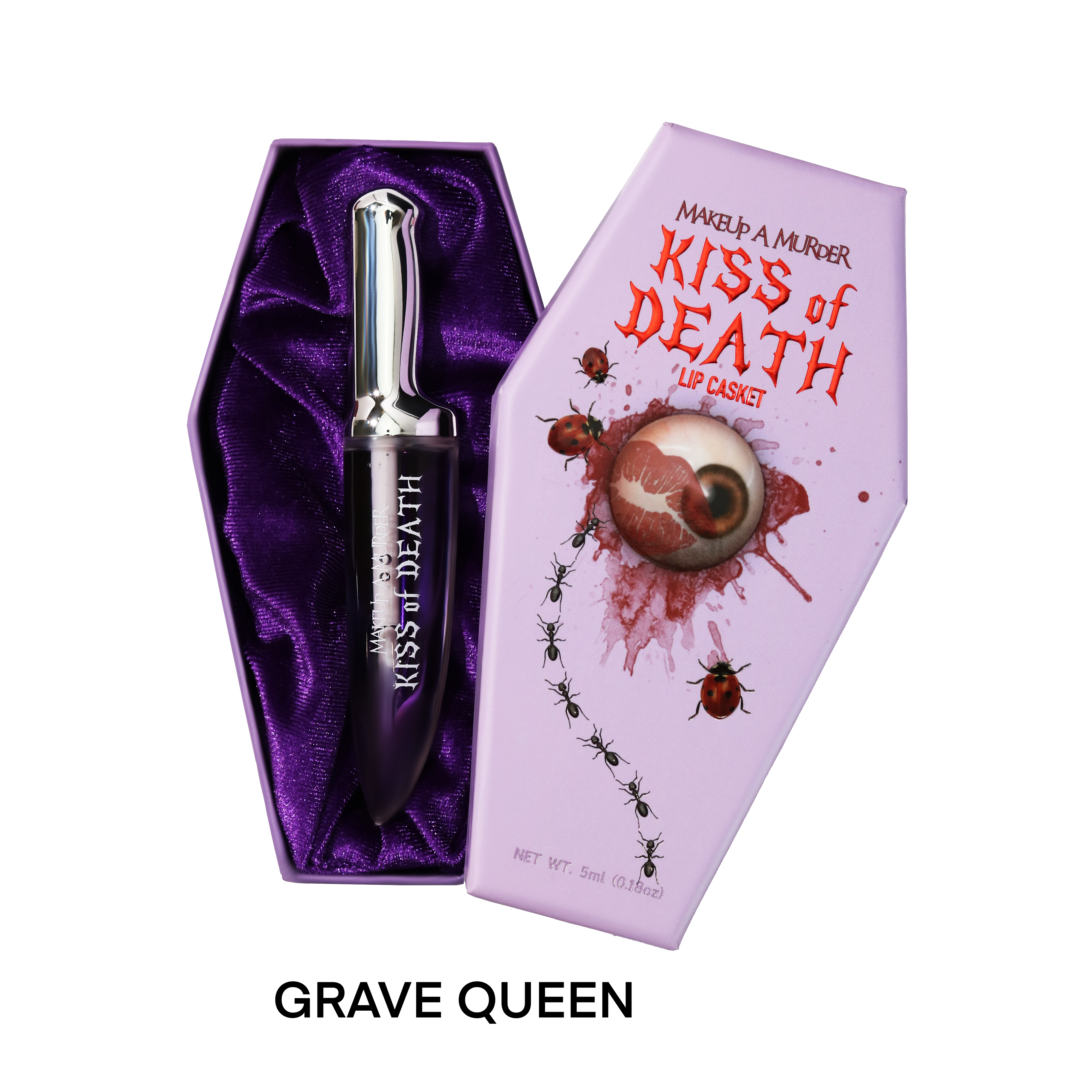 Makeup A Murder, INC KISS of DEATH Bloody Lip Oils lip gloss with a deep red, glossy finish and blood-themed packaging.