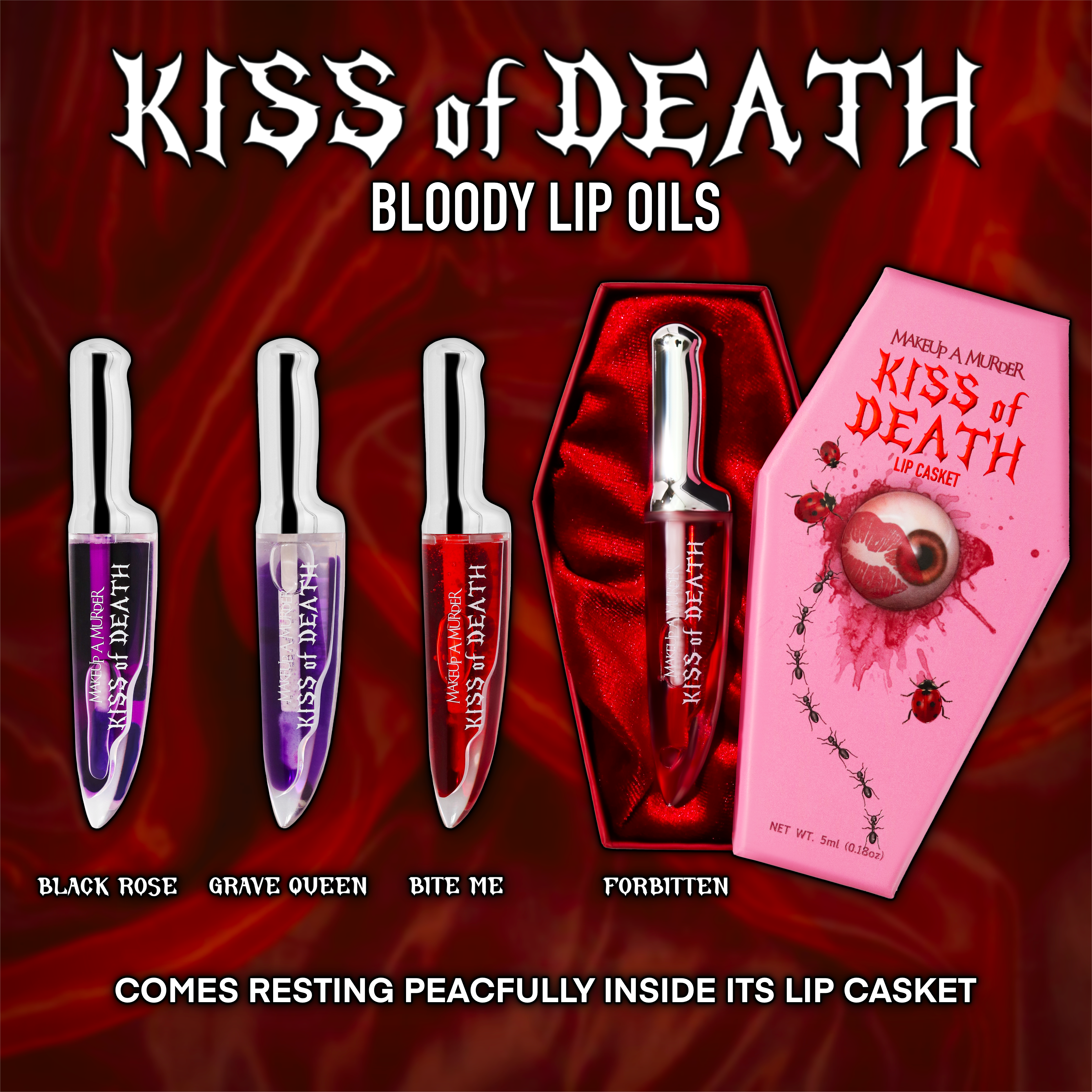 Makeup A Murder, INC KISS of DEATH Bloody Lip Oils lip gloss with deep red, blood-inspired design and glossy finish.