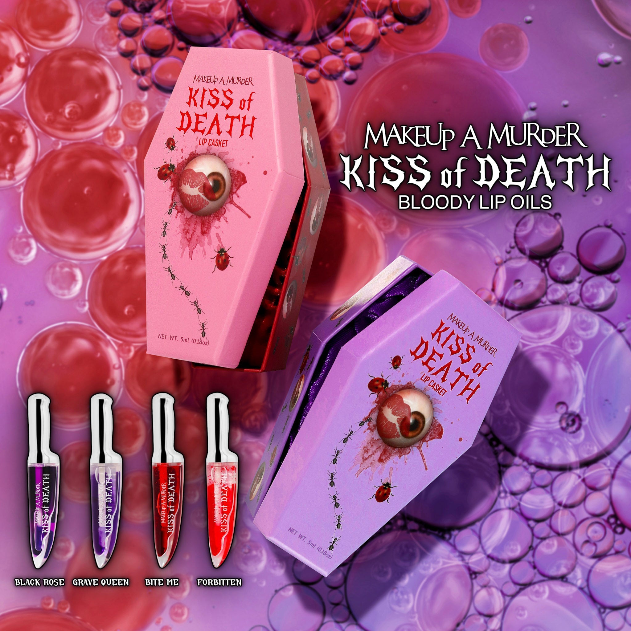 Makeup A Murder, INC KISS of DEATH Bloody Lip Oils lipgloss with a deep red, glossy finish on lips.