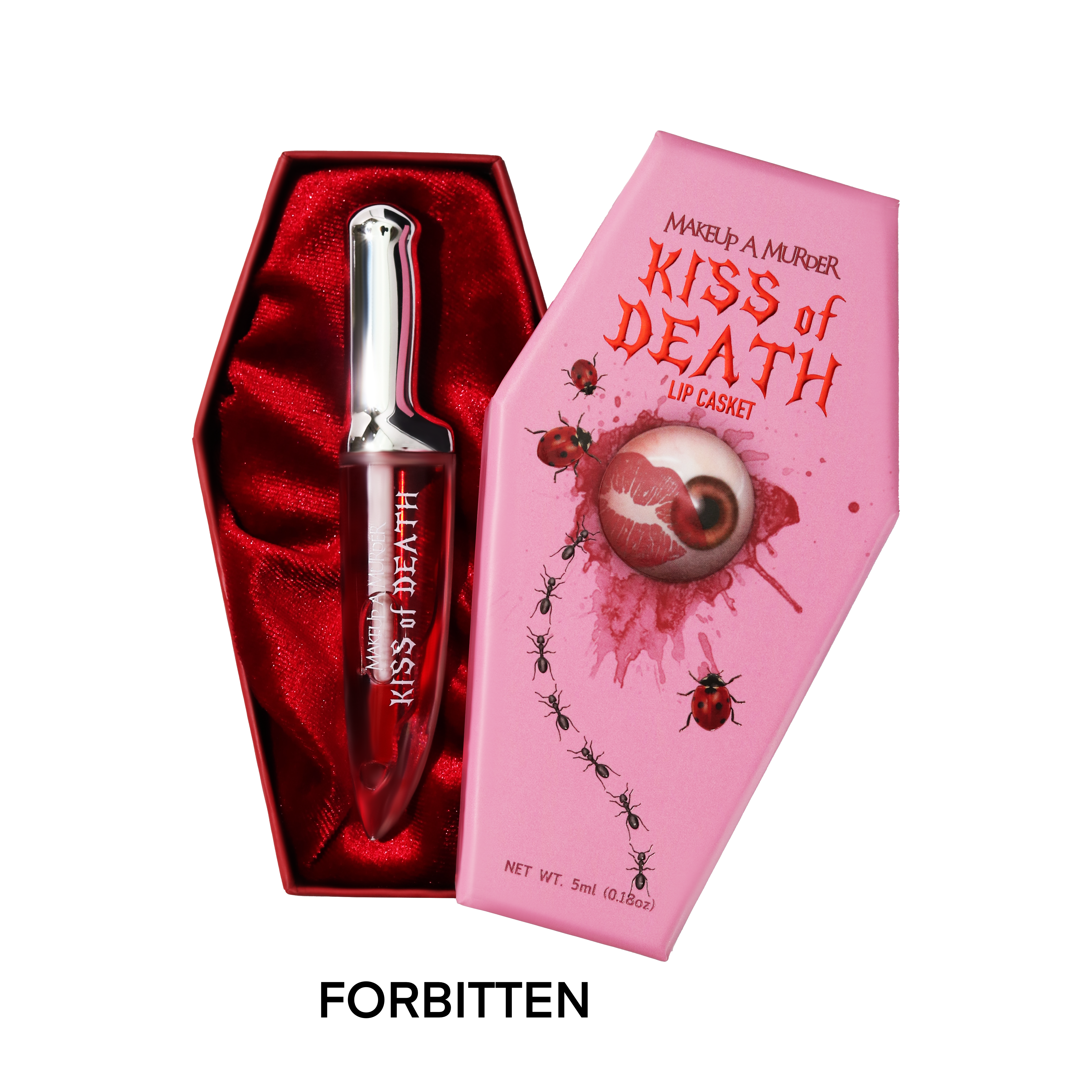 KISS of DEATH Bloody Lip Oils full collection by Makeup A Murder, INC showing various blood-red and dark lip oil shades.