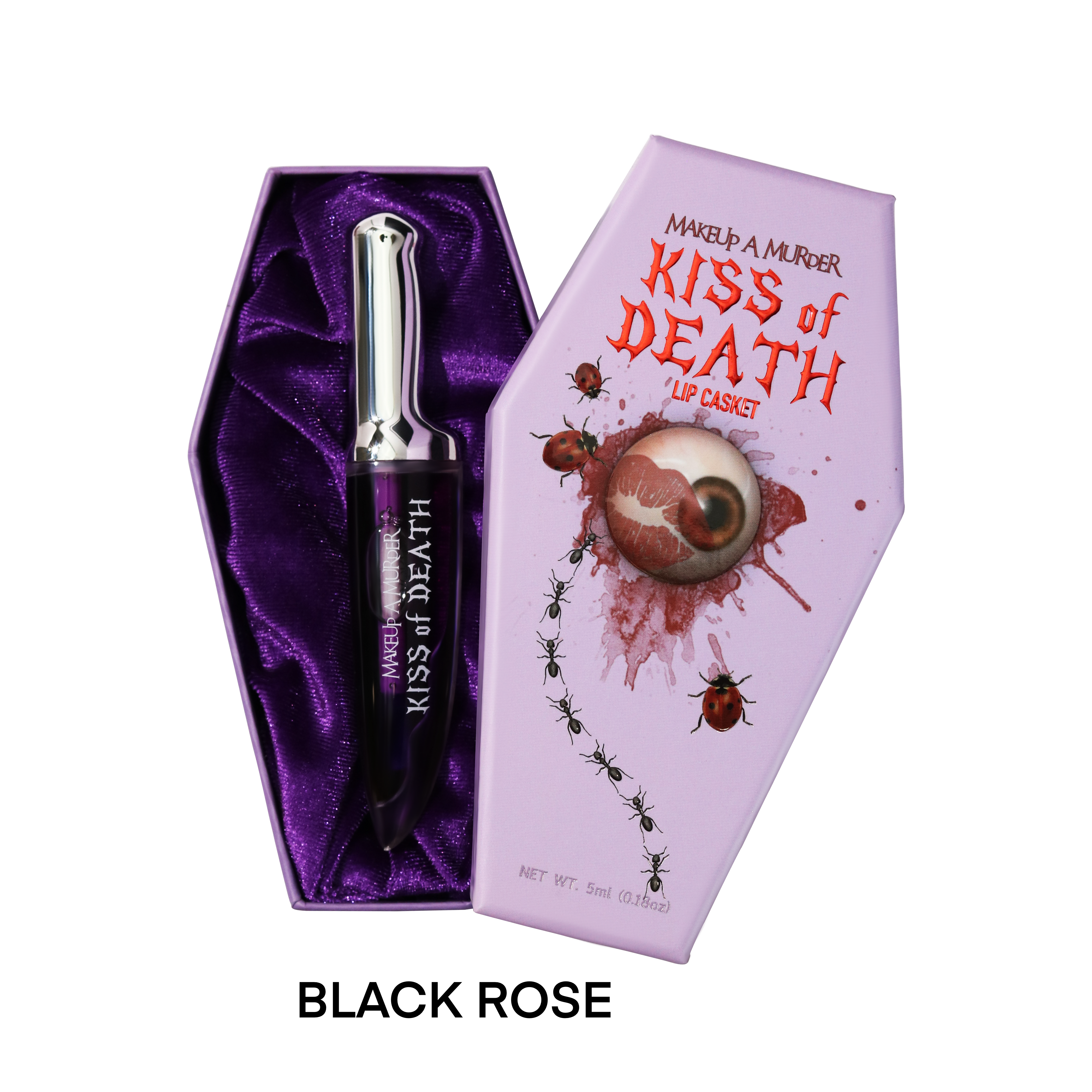 KISS of DEATH Bloody Lip Oils full collection by Makeup A Murder, INC featuring dark, blood-inspired lip oil shades and packaging.