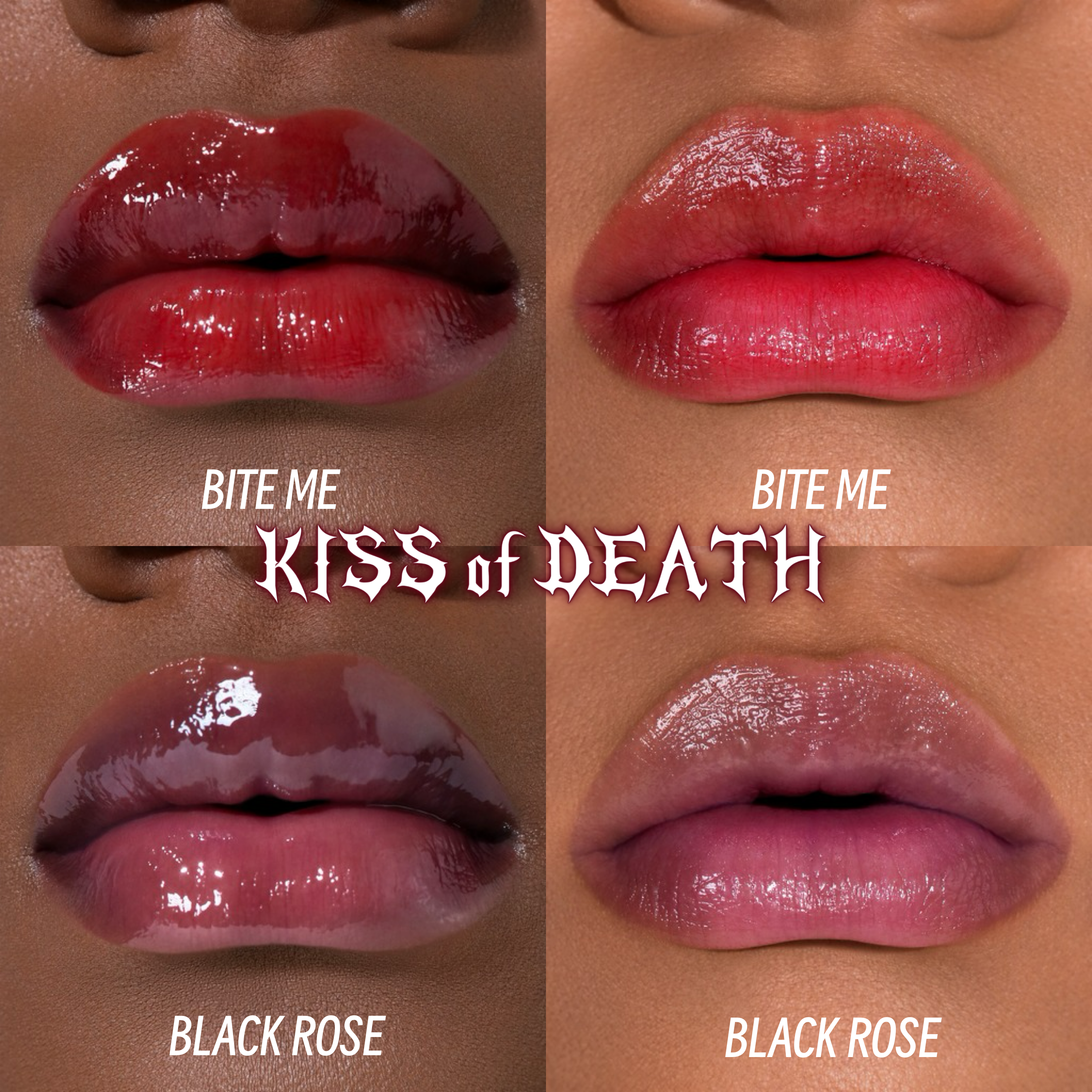 KISS of DEATH Bloody Lip Oils full collection by Makeup A Murder, INC, featuring a variety of vibrant, bloody-themed lip oil shades.