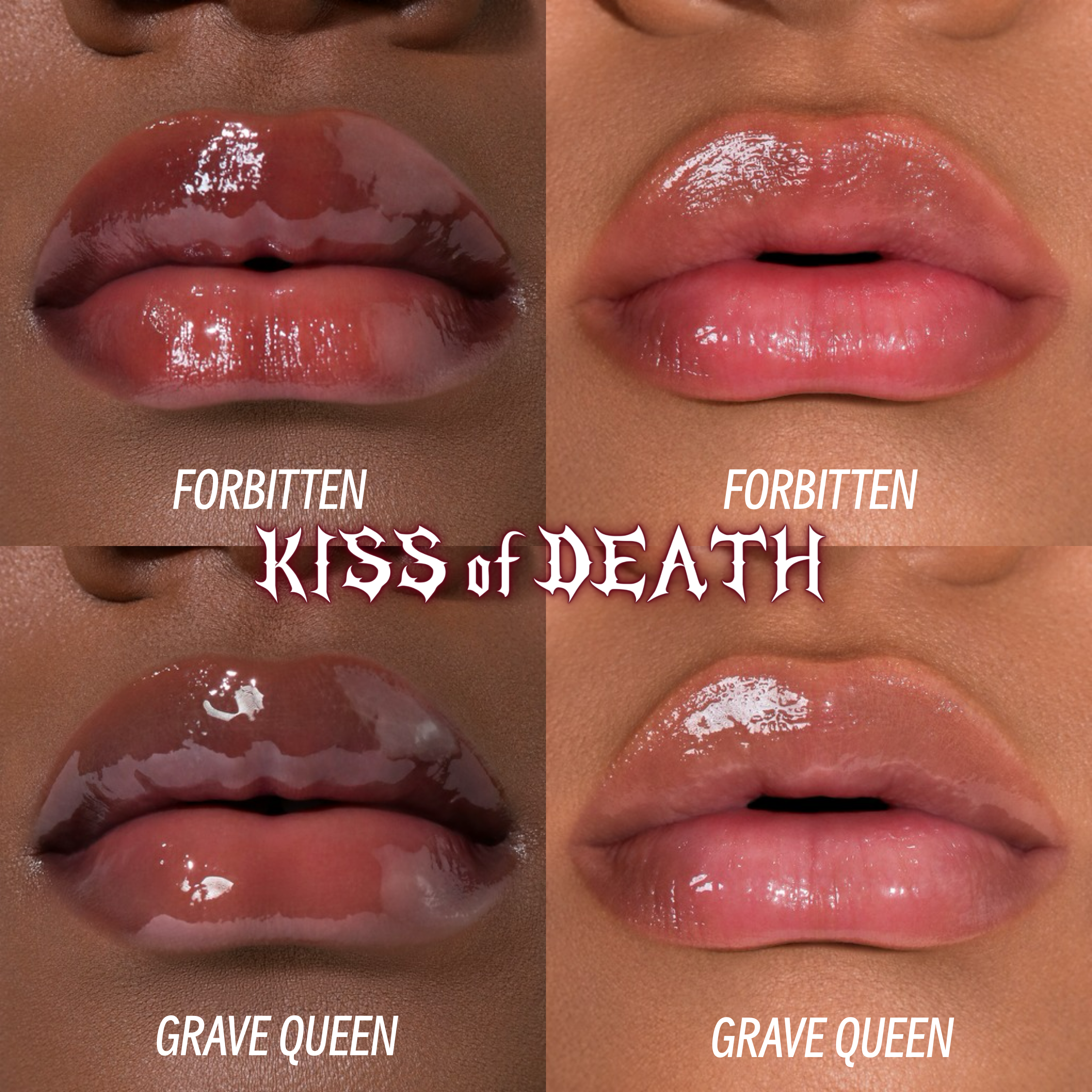 KISS of DEATH Bloody Lip Oils full collection by Makeup A Murder, INC, featuring dark, bloody-themed lip oil bottles arranged together.