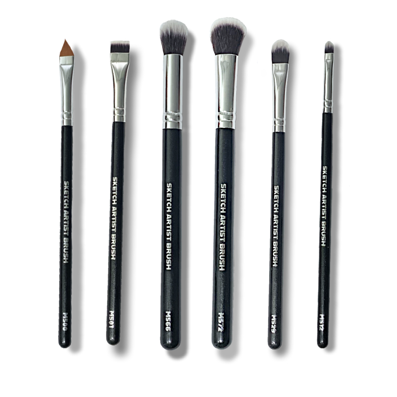 Full collection of Sketch Artist Concealer Brushes by Makeup A Murder, INC showing various brush sizes and shapes for precise application.