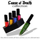 Makeup A Murder, INC rainbow liquid eyeshadow collection in a red coffin-shaped master palette with vibrant shades.
