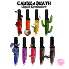 Makeup A Murder, INC Rainbow Liquid Eyeshadow Collection in red coffin packaging, featuring vibrant, shimmering shades for bold eye looks.