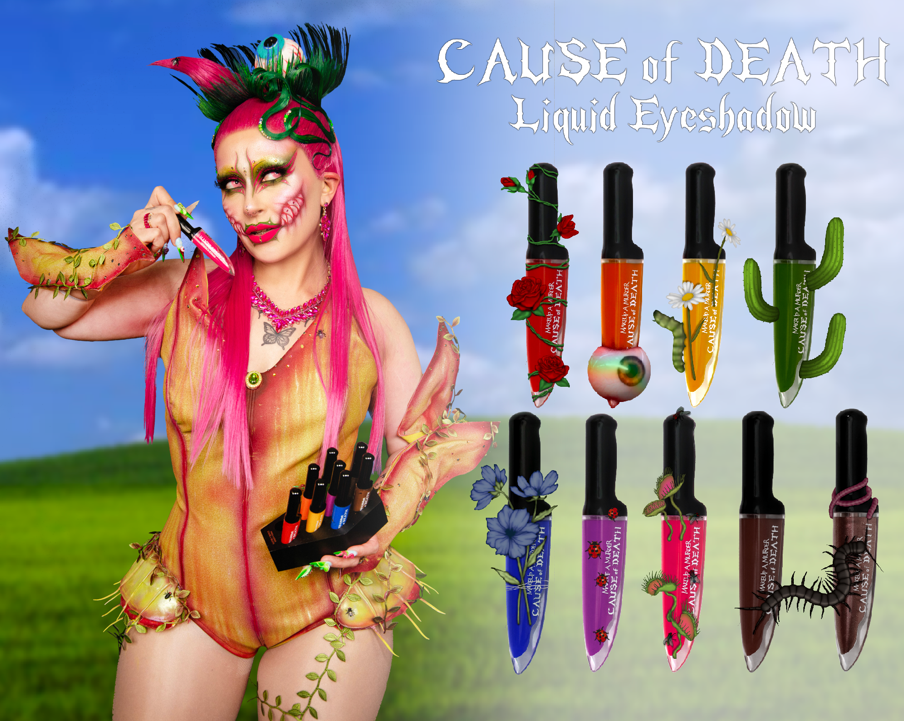 Makeup A Murder, INC rainbow liquid eyeshadow collection with a red coffin-shaped container and colorful shades.