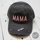 Charcoal distressed canvas cap with "Mama" embroidered, styled as a casual hat from The Graphic Tee brand.