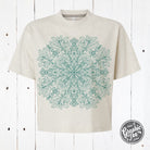 Mandala mid-length crop drop sleeve short sleeve tee by The Graphic Tee, featuring a colorful mandala design on a casual shirt.