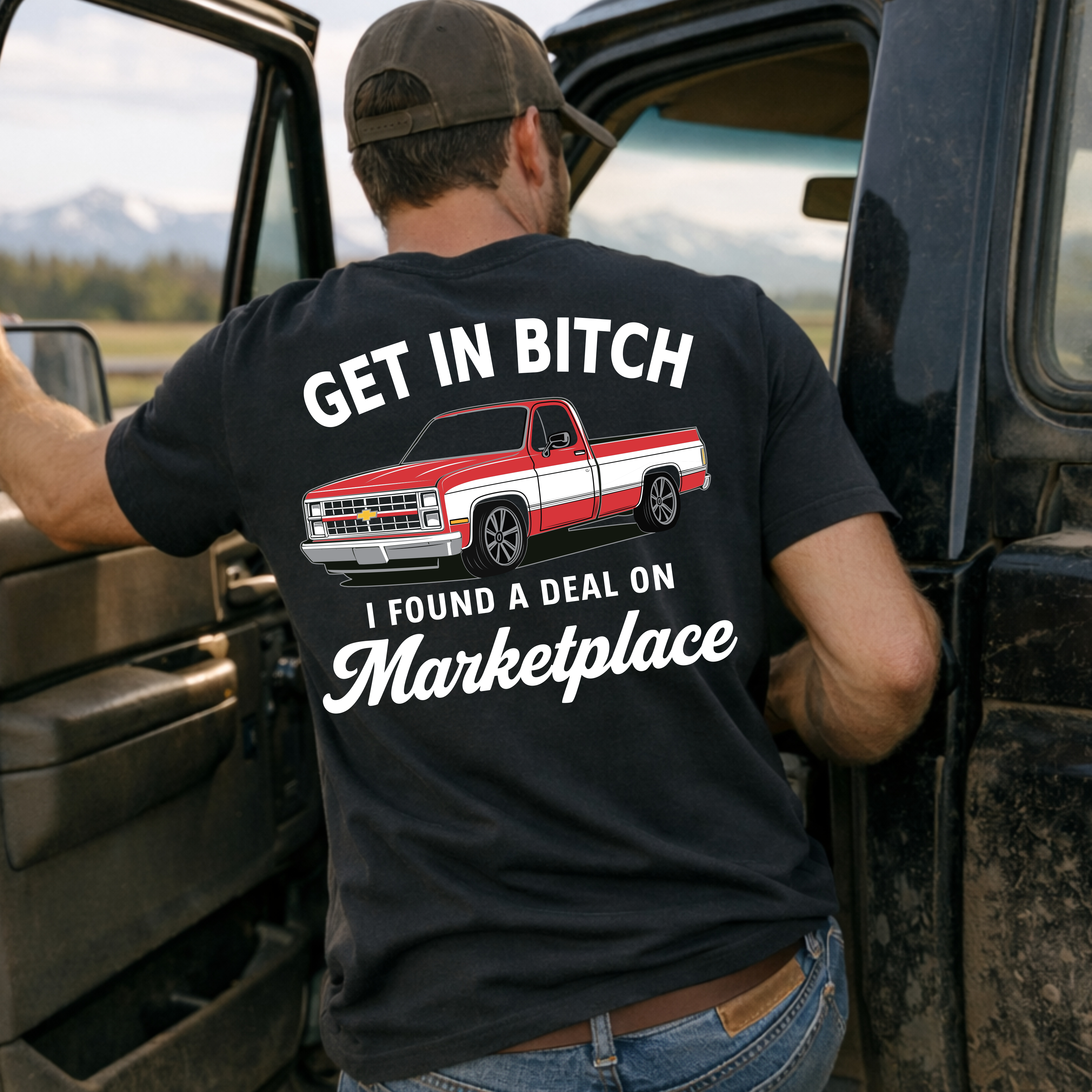 Black T-shirt from Shop Karma Tees with "Get In B*tch, I found a deal on Marketplace" print, casual and bold graphic design.