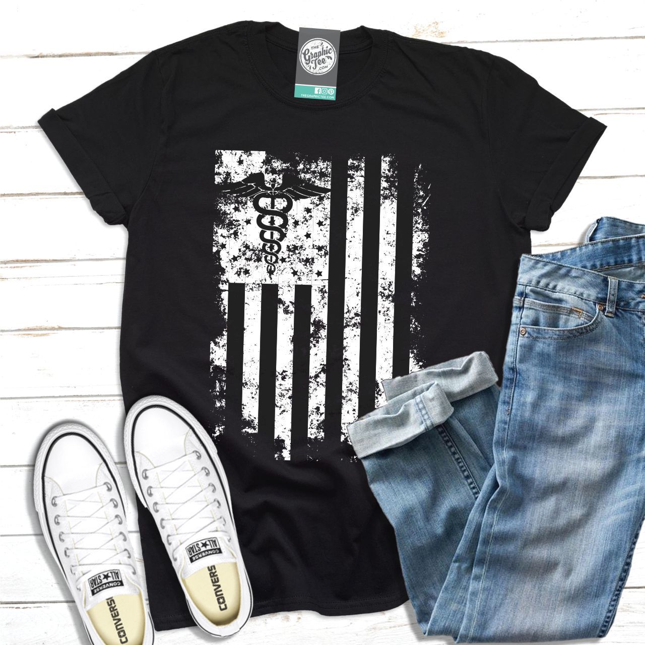 Unisex medical US flag graphic T-shirt by The Graphic Tee, featuring a bold American flag design on a casual SS graphic tee.