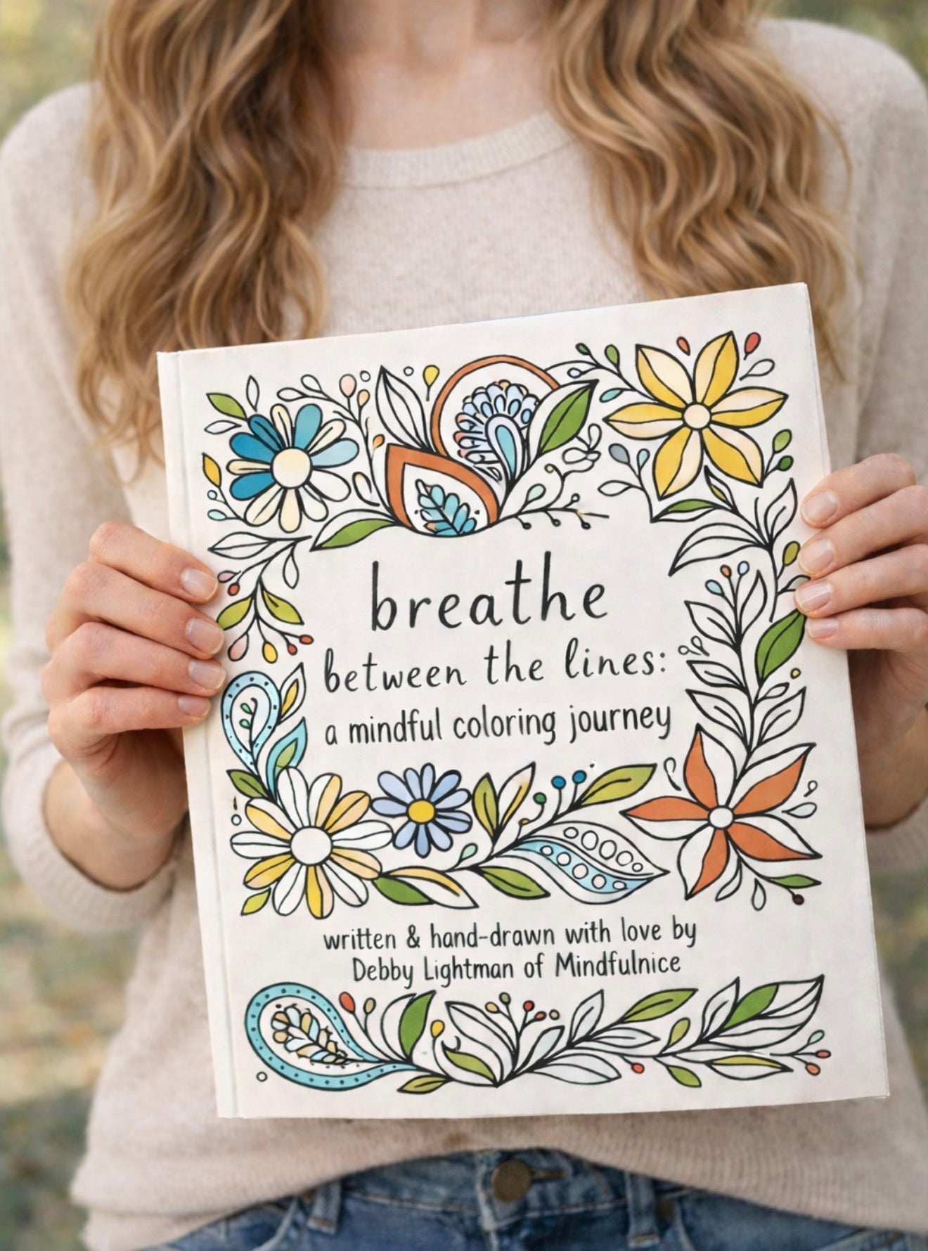 Mindfulnice Breathe Between The Lines coloring book featuring calming line art for mindfulness and relaxation.