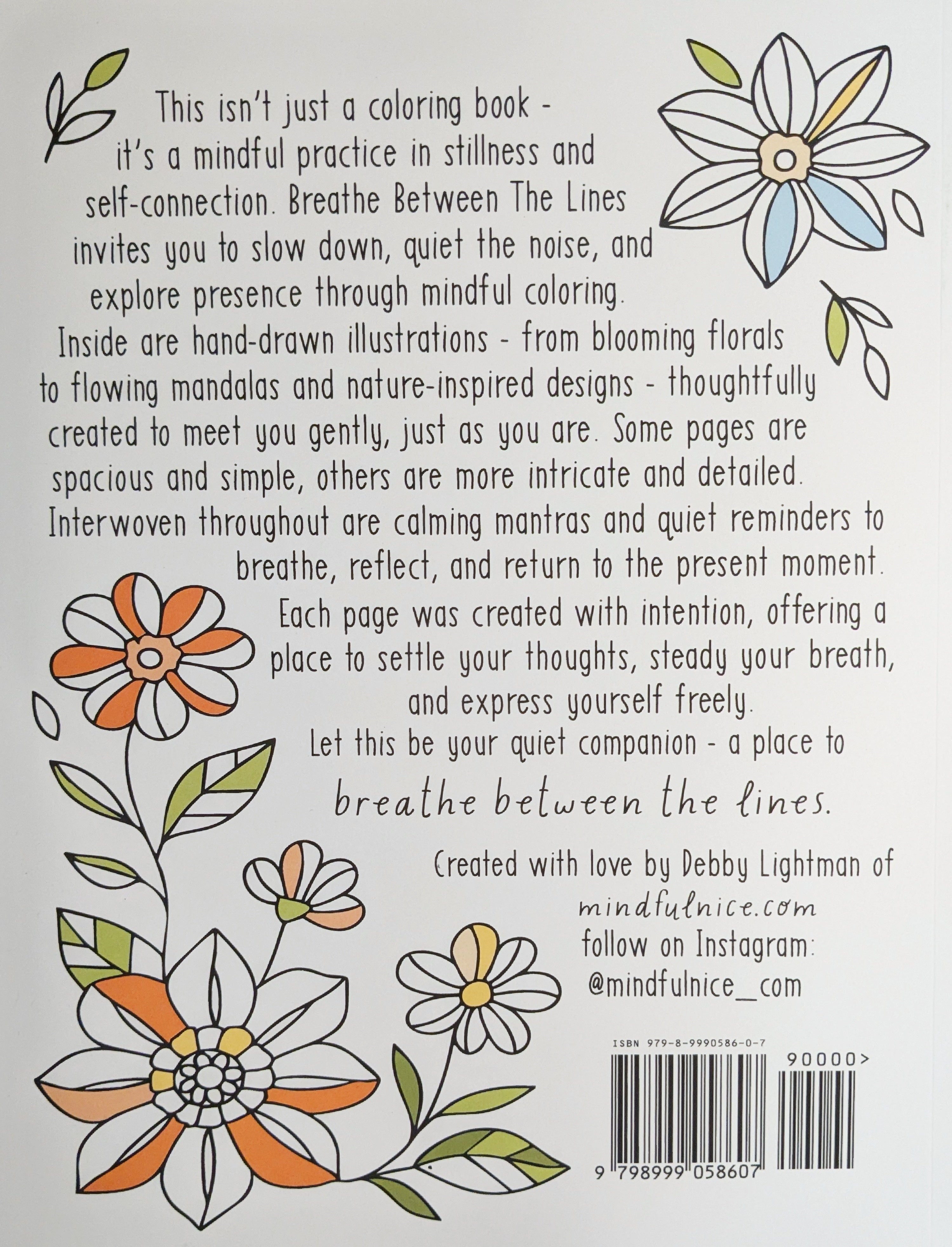 Coloring book titled "Breathe Between The Lines" by Mindfulnice featuring intricate line art for mindful coloring.