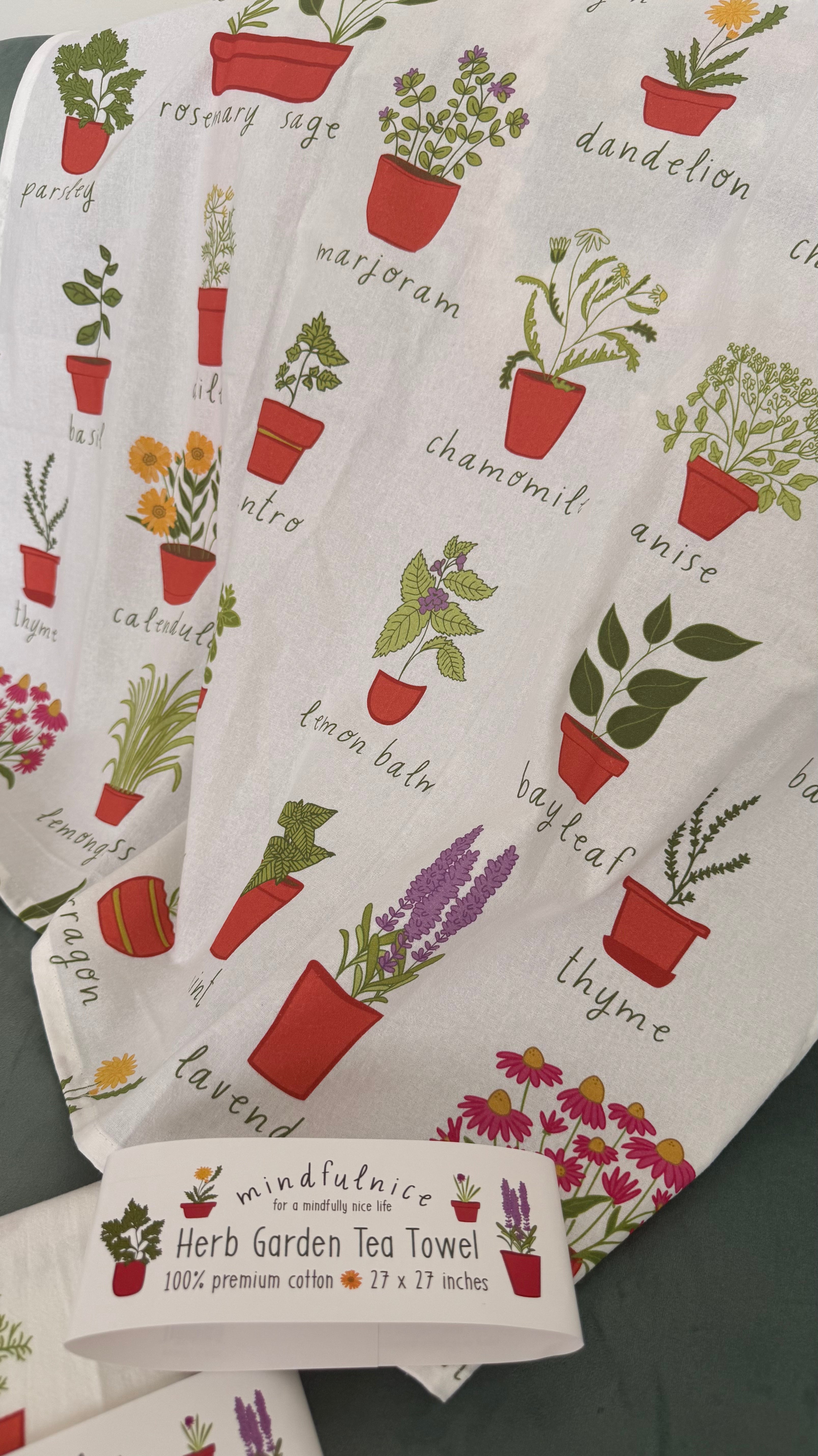 Herb Garden Tea Towel by Mindfulnice, featuring a botanical herb design on absorbent kitchen towel for gifts or home use.