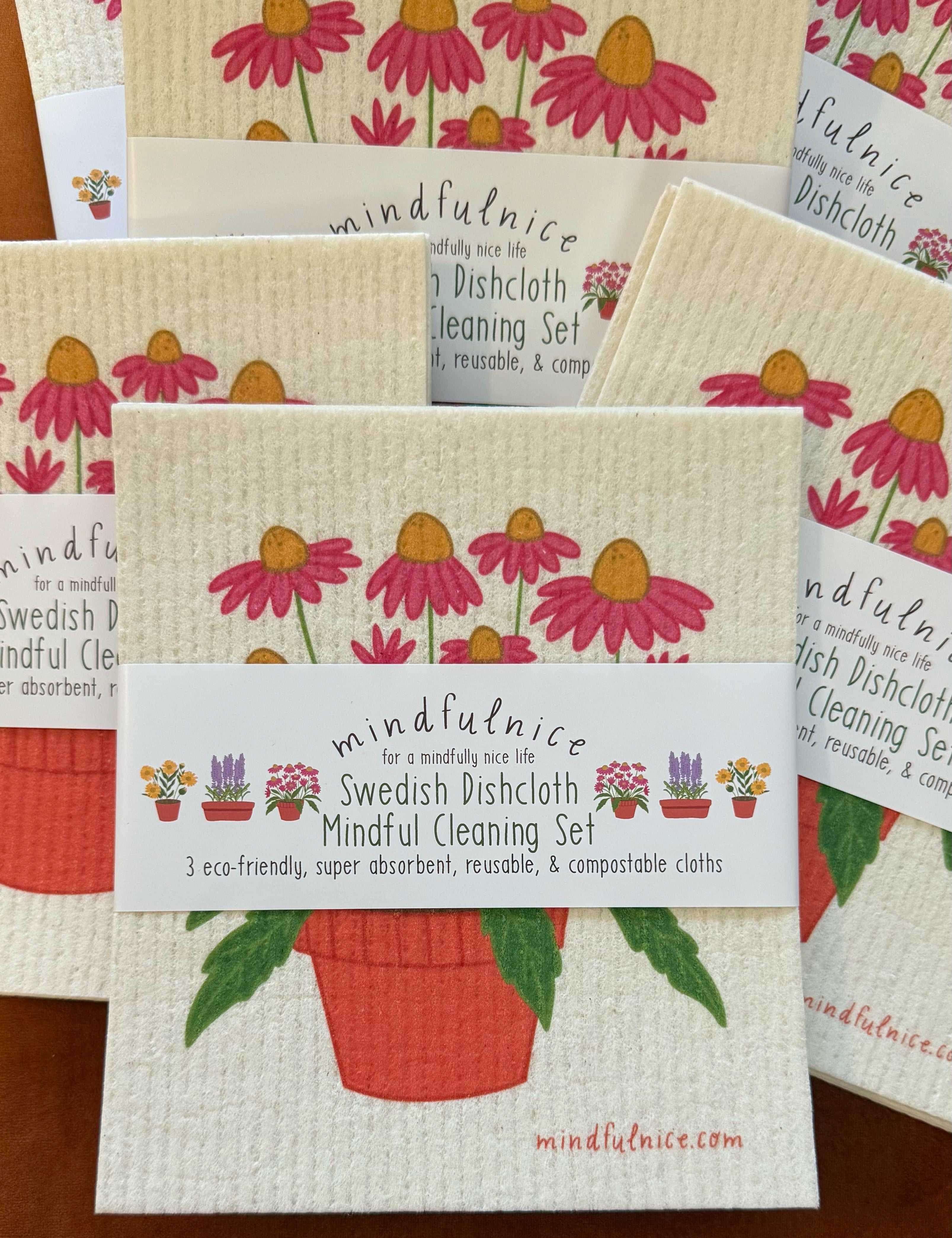 Set of colorful Swedish dishcloths from Mindfulnice, eco-friendly cleaning cloths ideal for kitchen use.