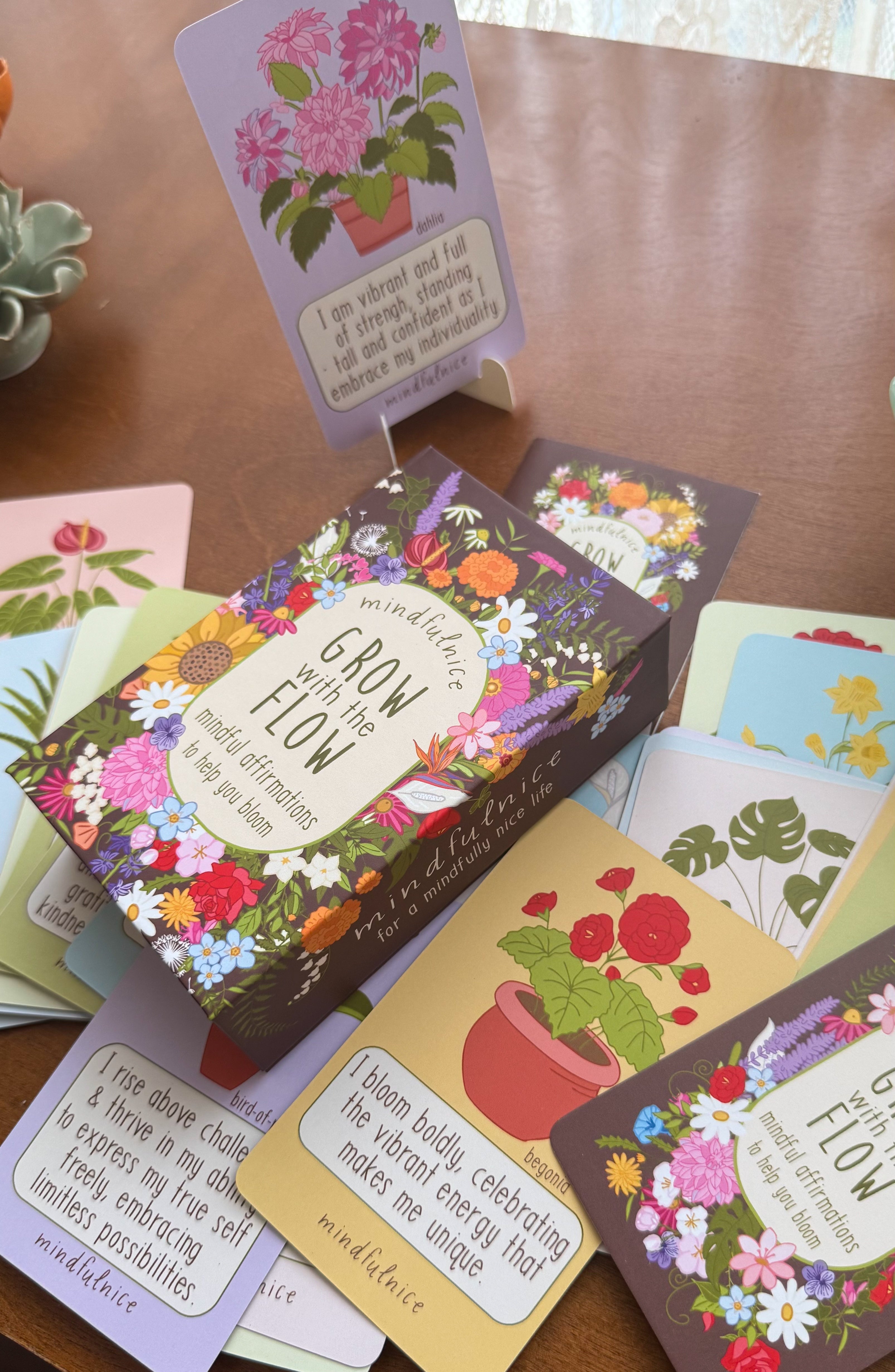 Mindfulnice Grow With The Flow affirmation cards in a mindful-deck set, featuring colorful, inspiring cards for positive affirmation practice.