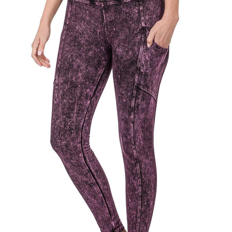 Mineral Wash Wide Waistband Full Length Leggings with Pockets - Practical Magic Store