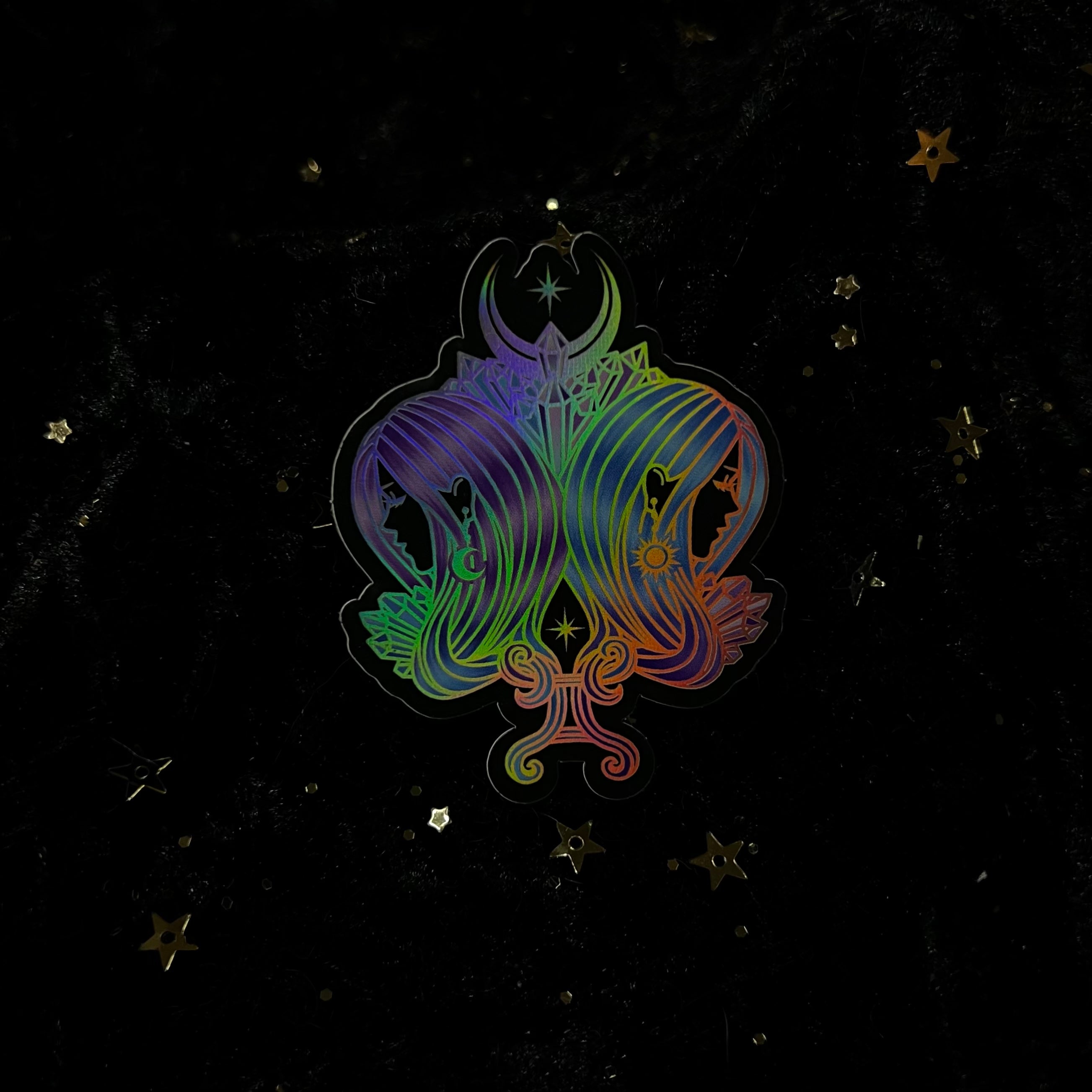 Colorful zodiac-themed sticker featuring crystals designed by Moonstruck Crystals, showcasing celestial and gemstone illustrations.