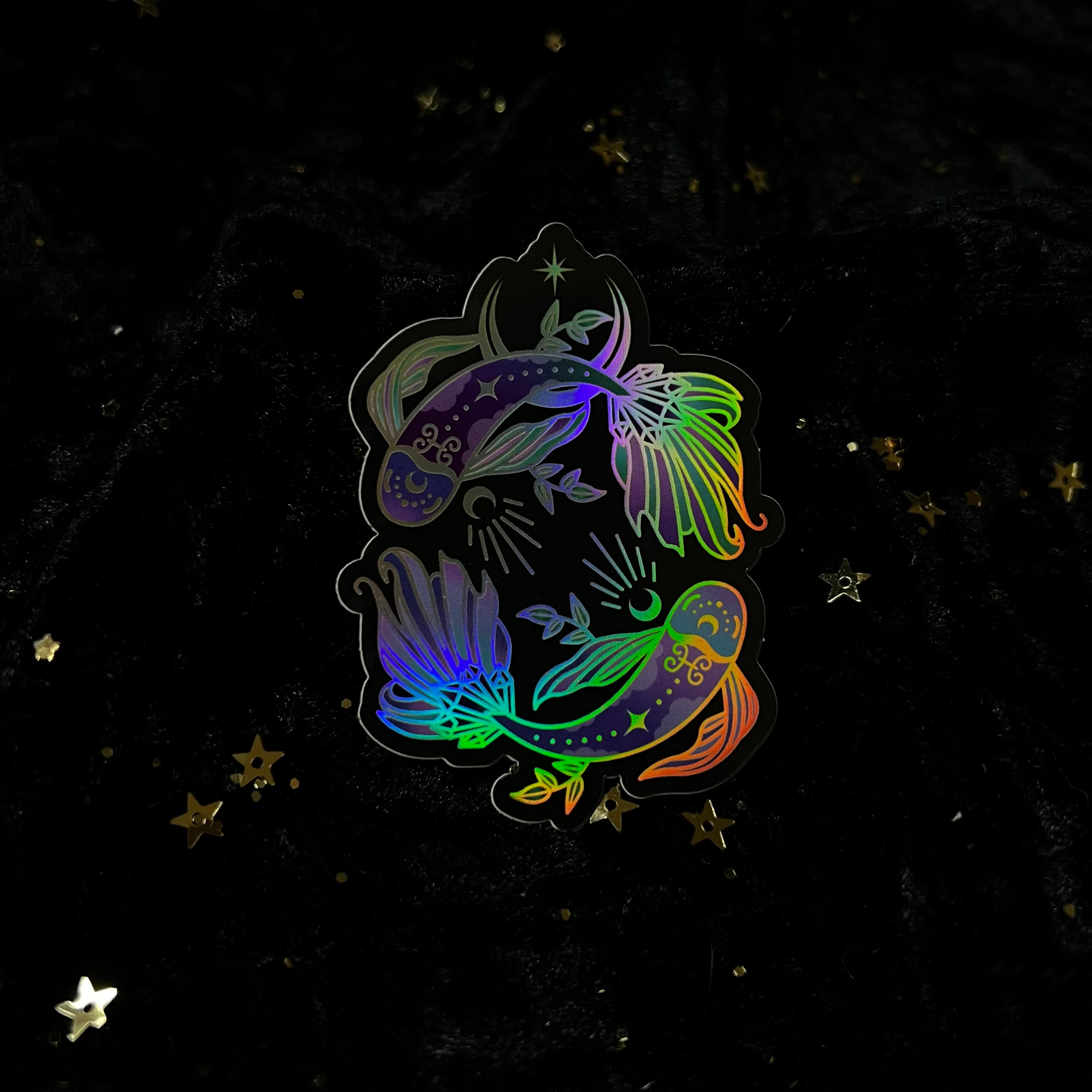 Colorful zodiac-themed sticker featuring Moonstruck Crystals' crystals design with celestial symbols and vibrant details.