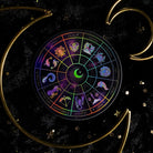 Holo sticker featuring the Amethystrology Zodiac Wheel design by Moonstruck Crystals, with vibrant colors and intricate zodiac symbols.