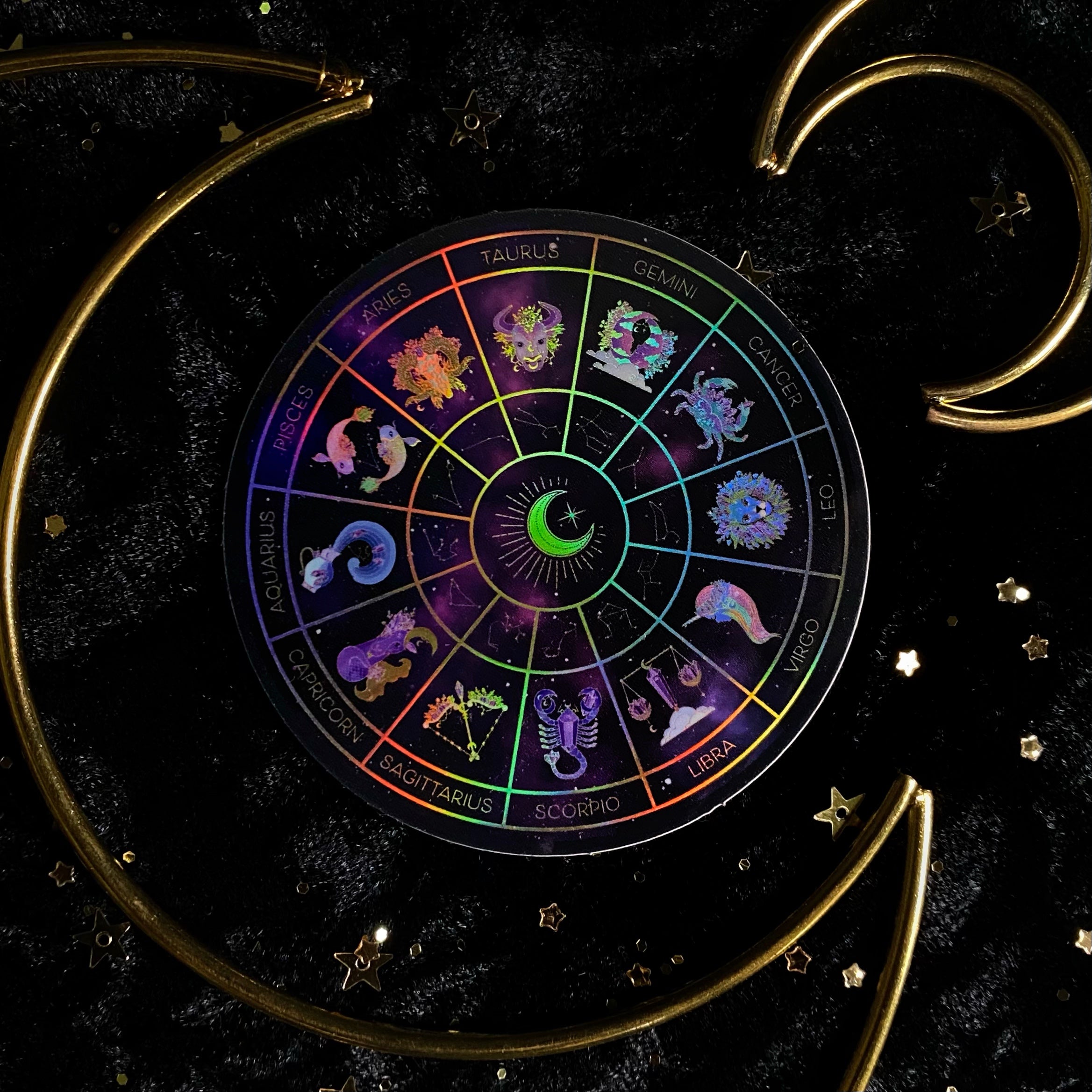 Holo sticker featuring the Amethystrology Zodiac Wheel design by Moonstruck Crystals, with vibrant colors and intricate zodiac symbols.