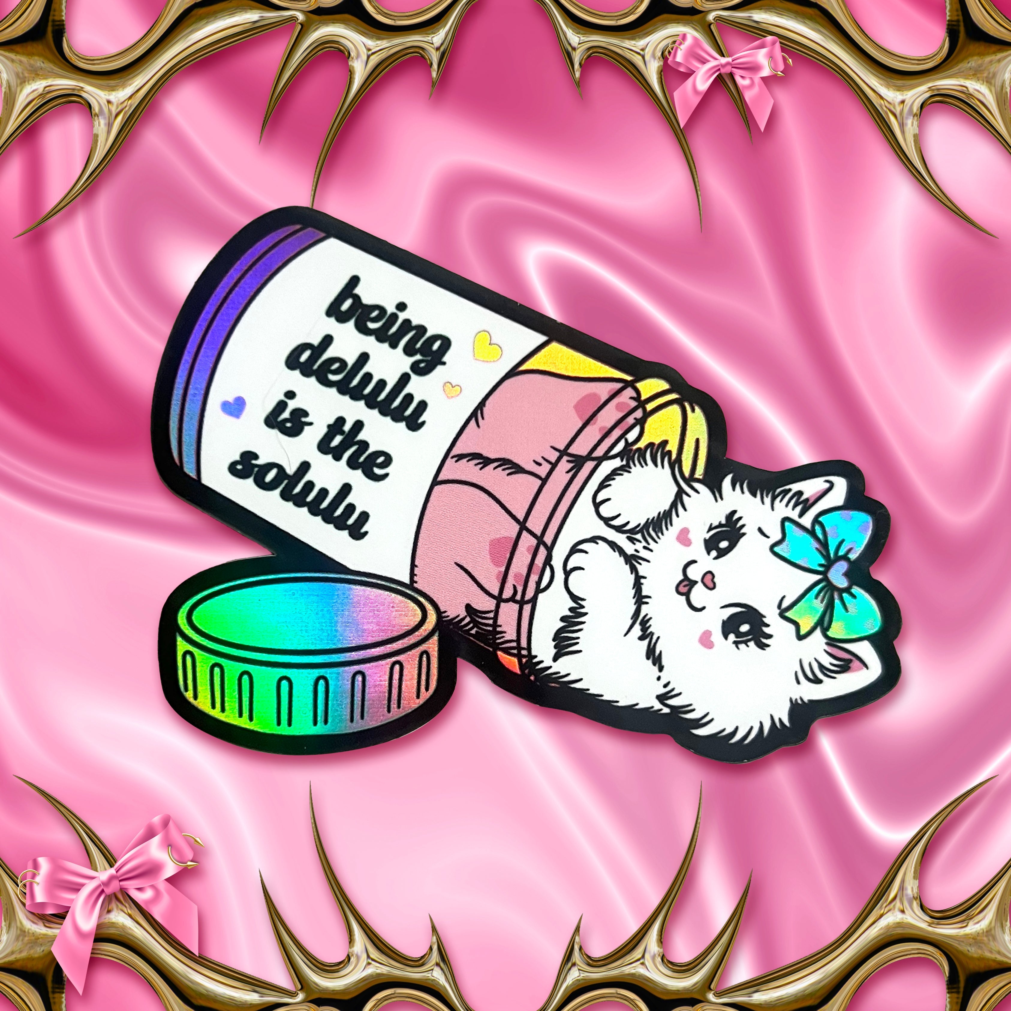 Being Delulu is the Solulu Kitty Cat Holo Sticker by Moonstruck Crystals featuring a shiny, holographic cat design with vibrant colors.